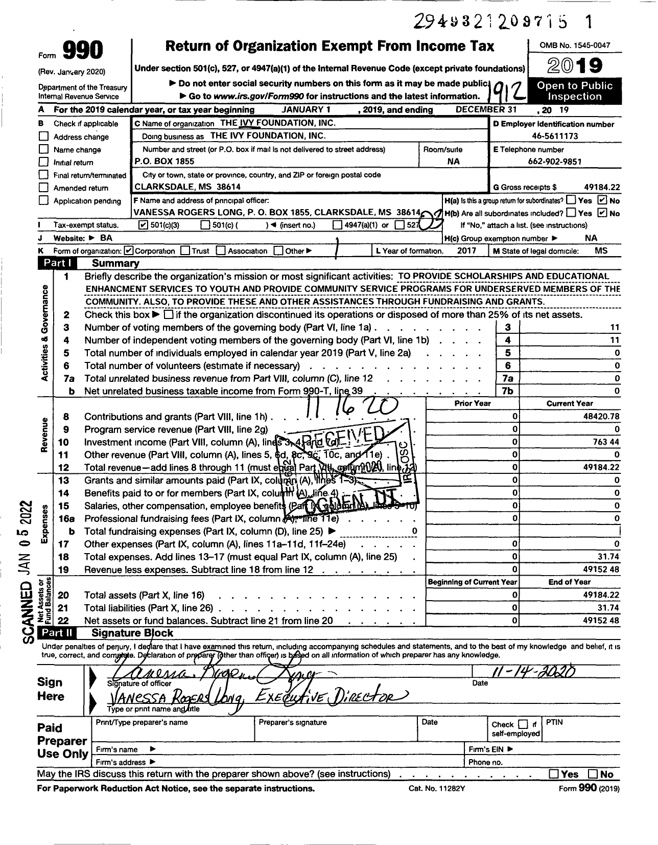 Image of first page of 2019 Form 990 for The Ivy Foundation / Yhr Ivy Gounfstion Inv