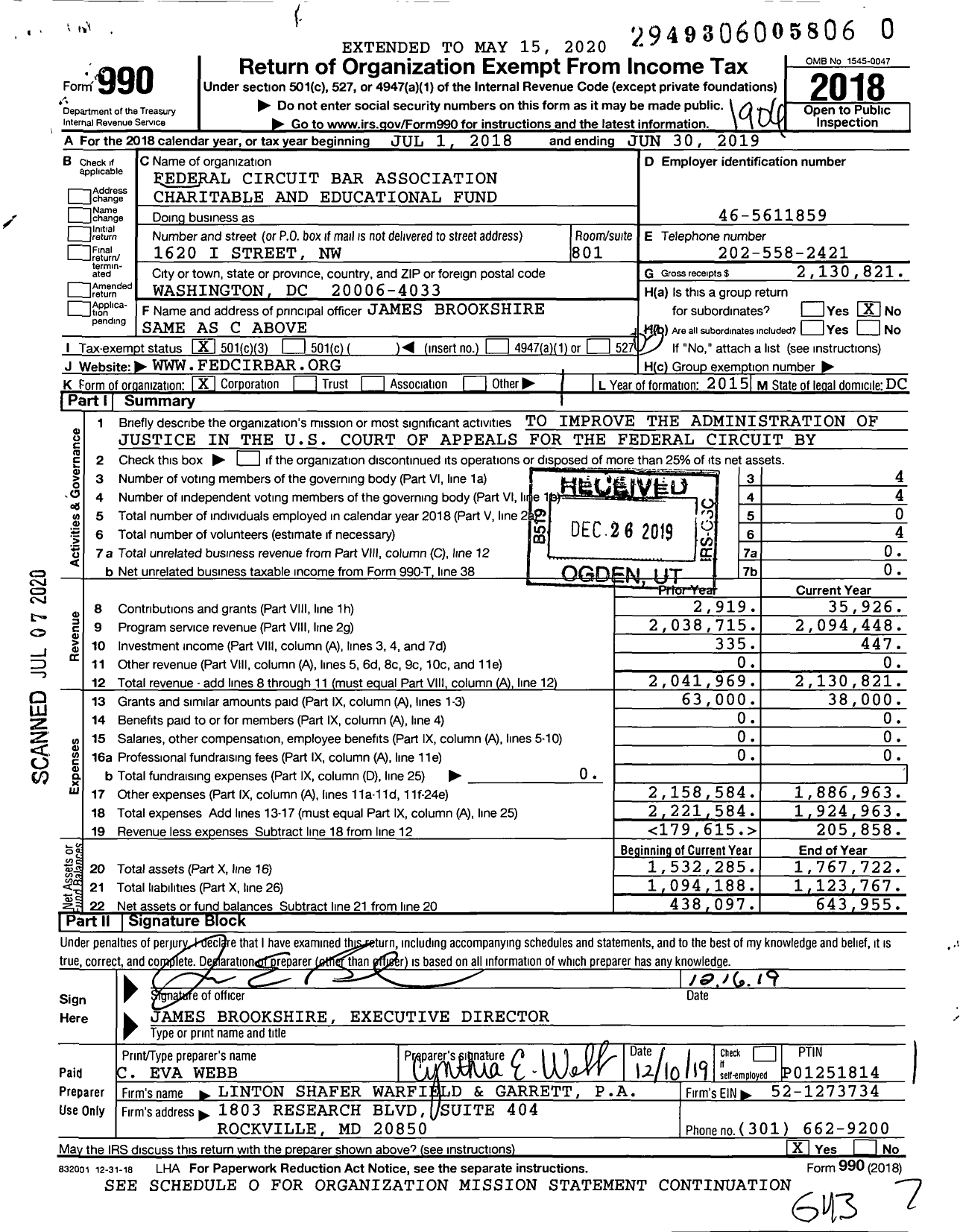 Image of first page of 2018 Form 990 for Federal Circuit Bar Association CHARITABLE AND EDUCATIONAL FUND