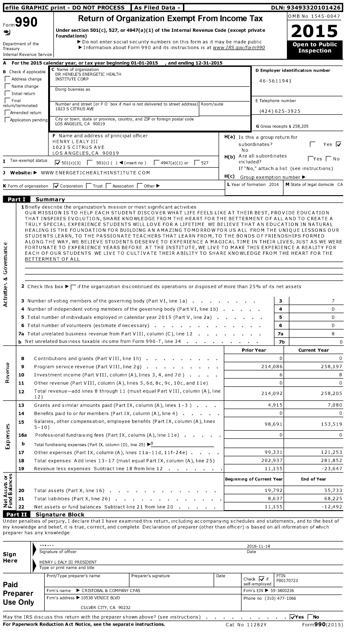 Image of first page of 2015 Form 990 for Dr Henele's Energetic Health Institute Corporation