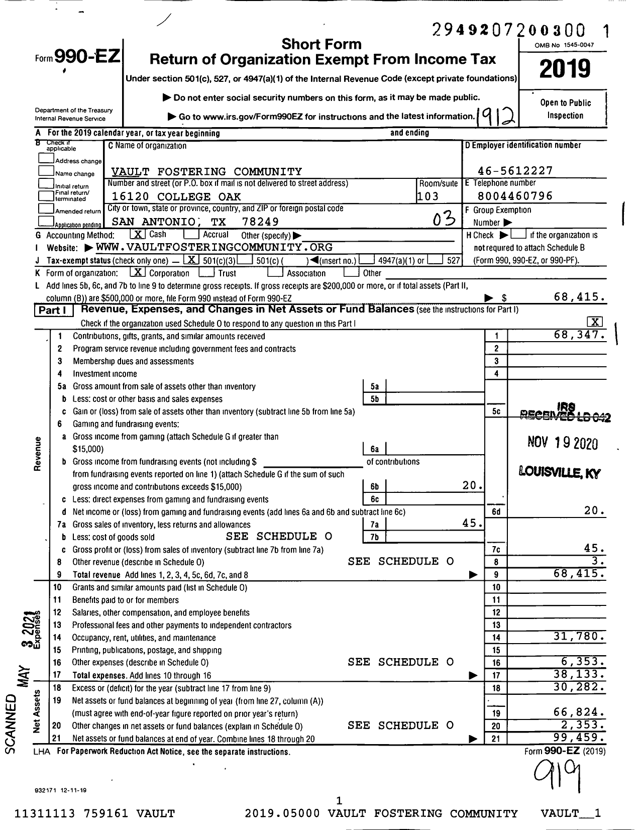 Image of first page of 2019 Form 990EZ for Vault Fostering Community