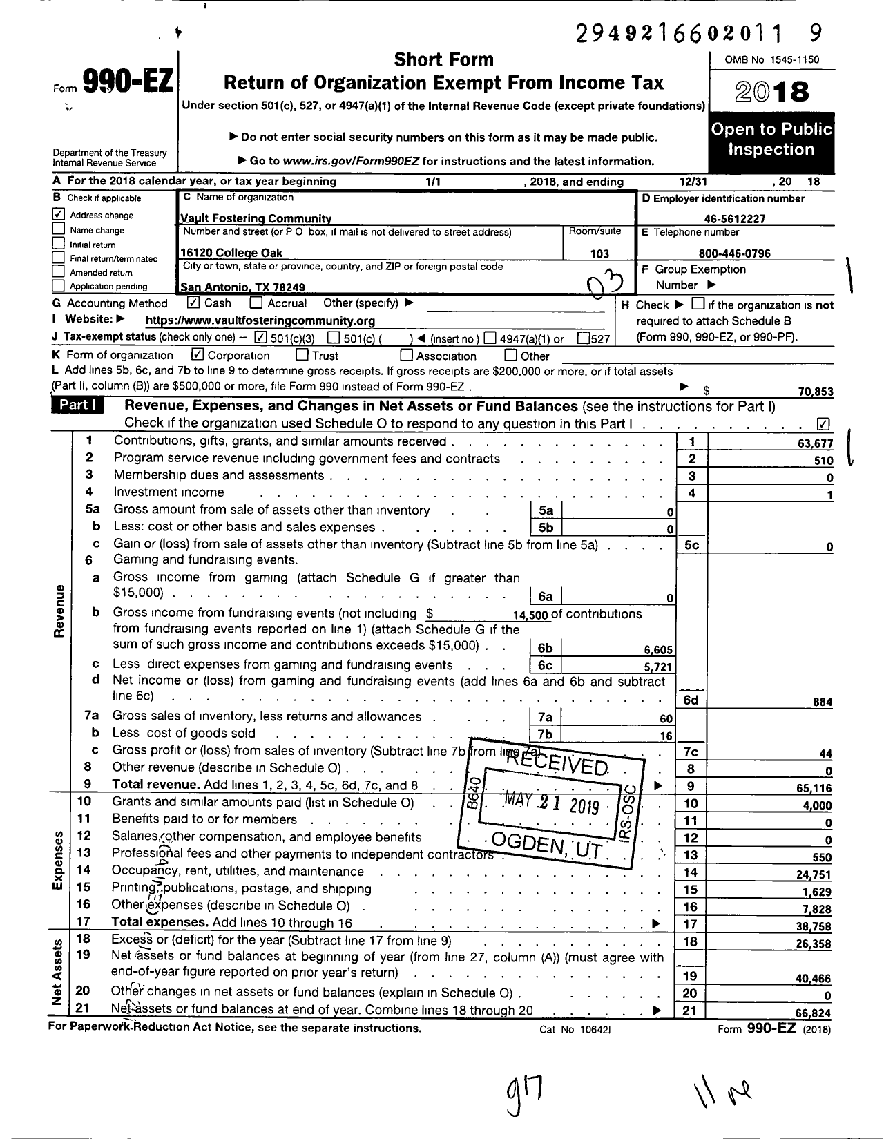 Image of first page of 2018 Form 990EZ for Vault Fostering Community