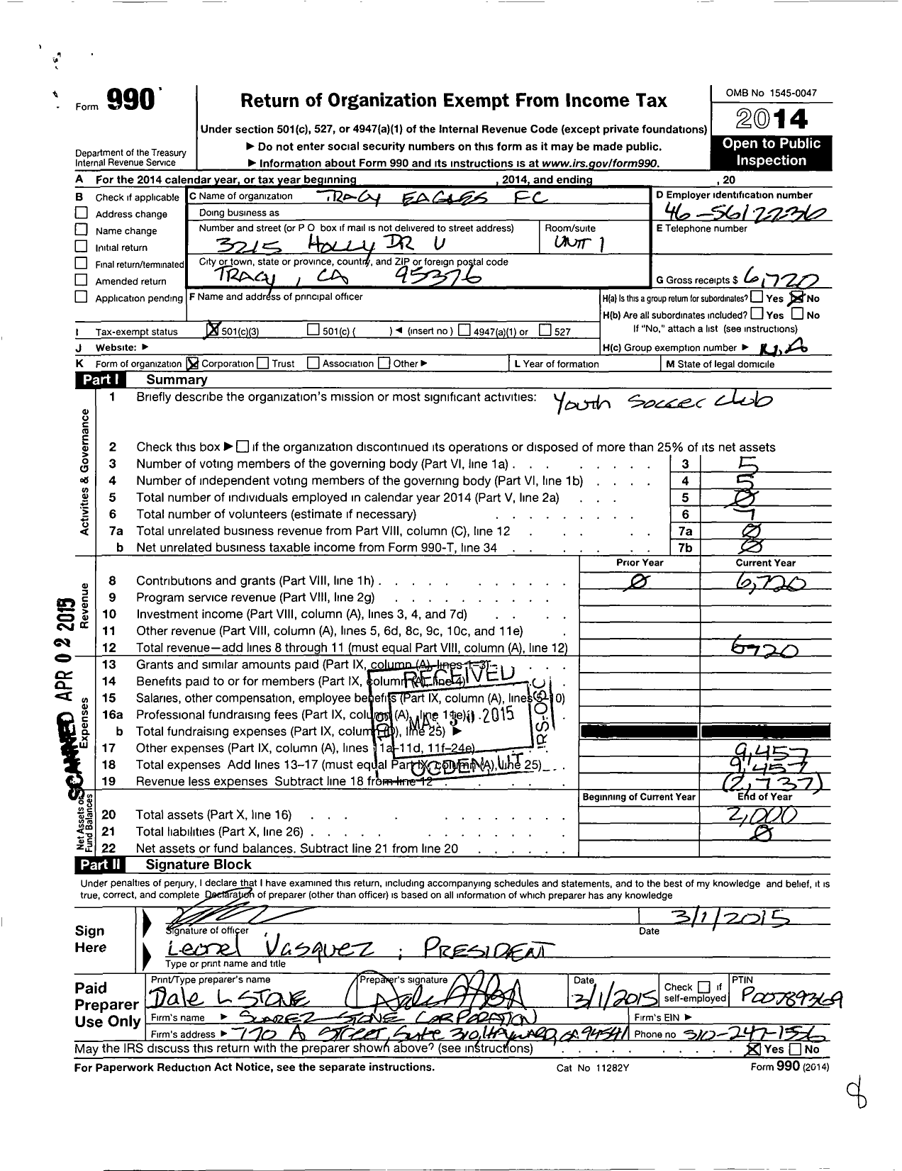 Image of first page of 2014 Form 990 for Tracy Eagles FC