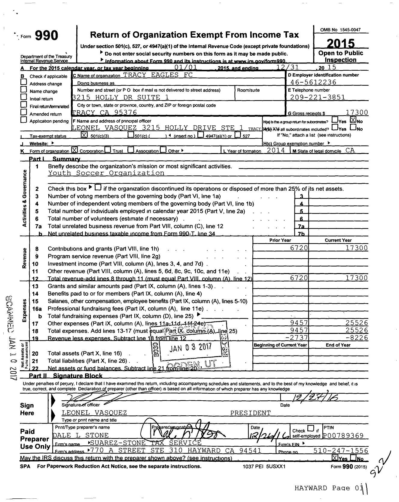 Image of first page of 2015 Form 990 for Tracy Eagles FC