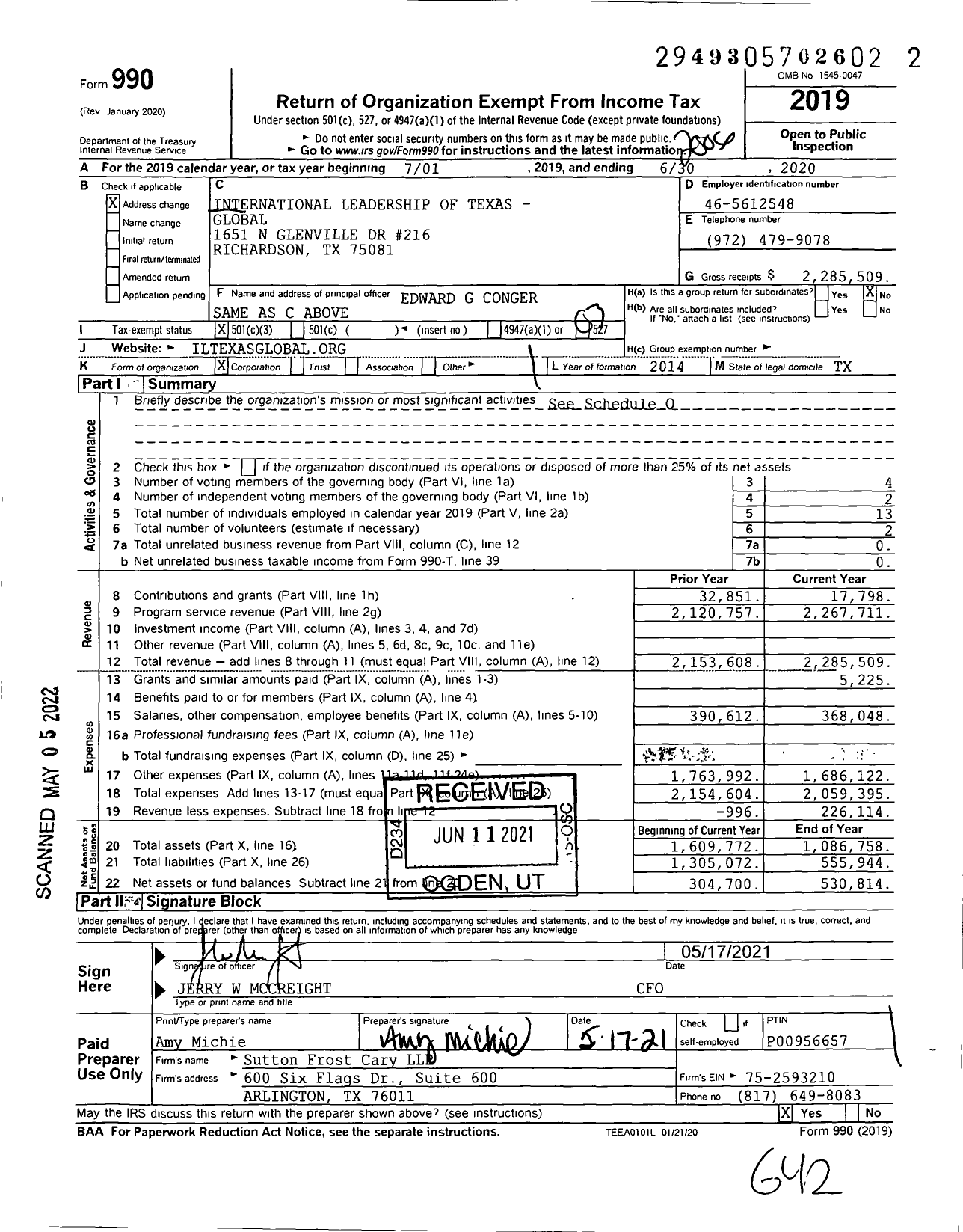 Image of first page of 2019 Form 990 for International Leadership of Texas - Global