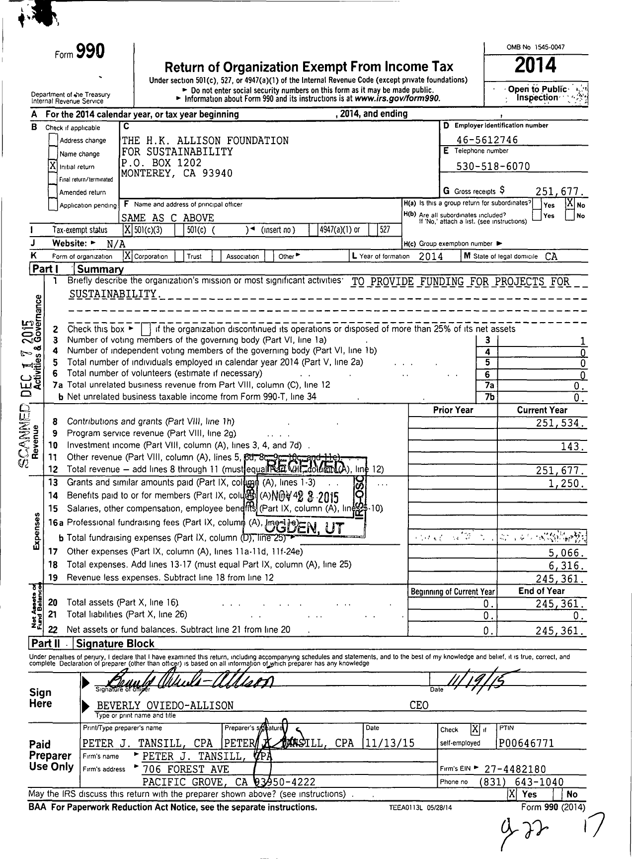 Image of first page of 2014 Form 990 for H K Allison Foundation for Sustainability