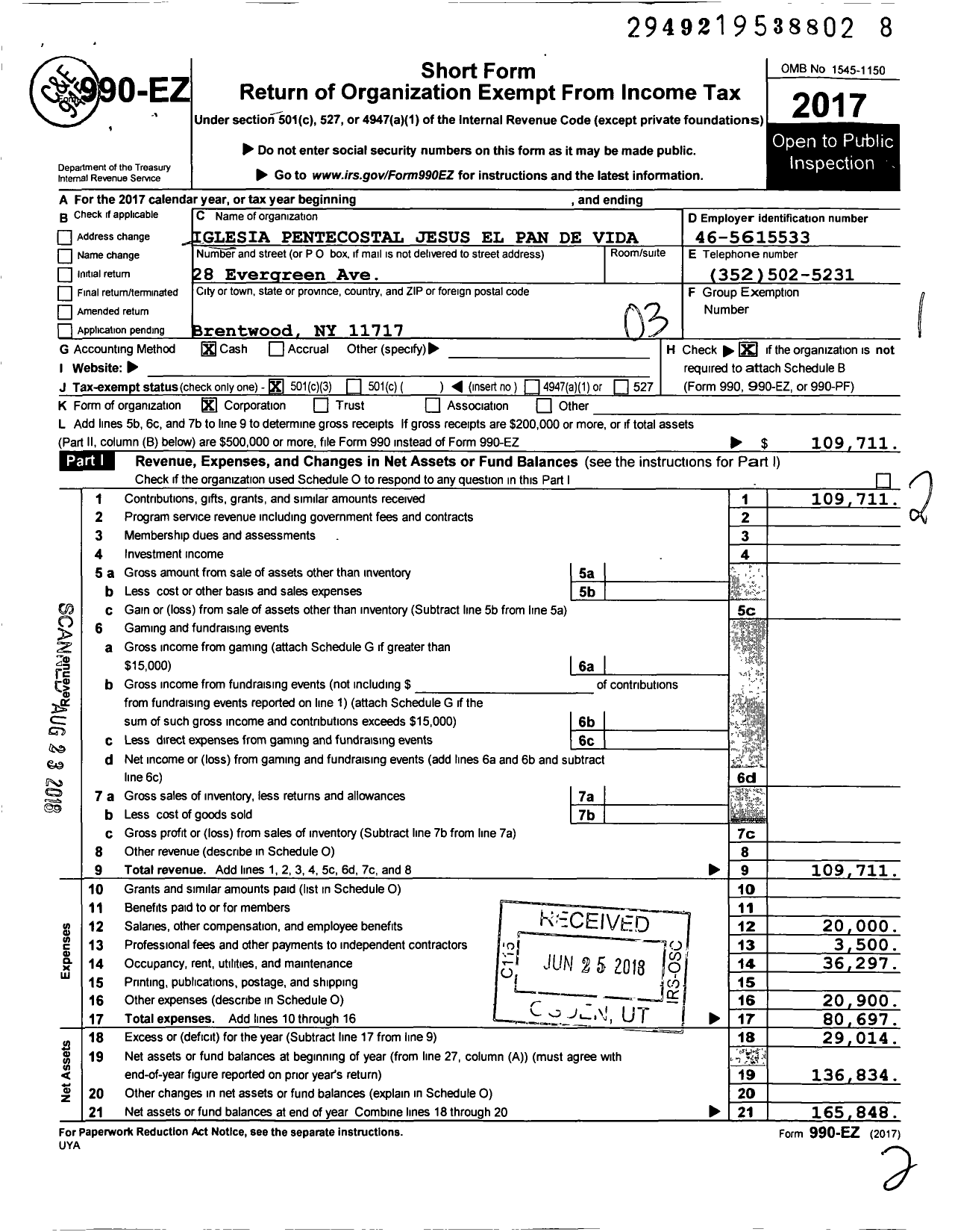 Image of first page of 2017 Form 990EZ for Iglesia Pentecostal Jesus El Pan de Vida