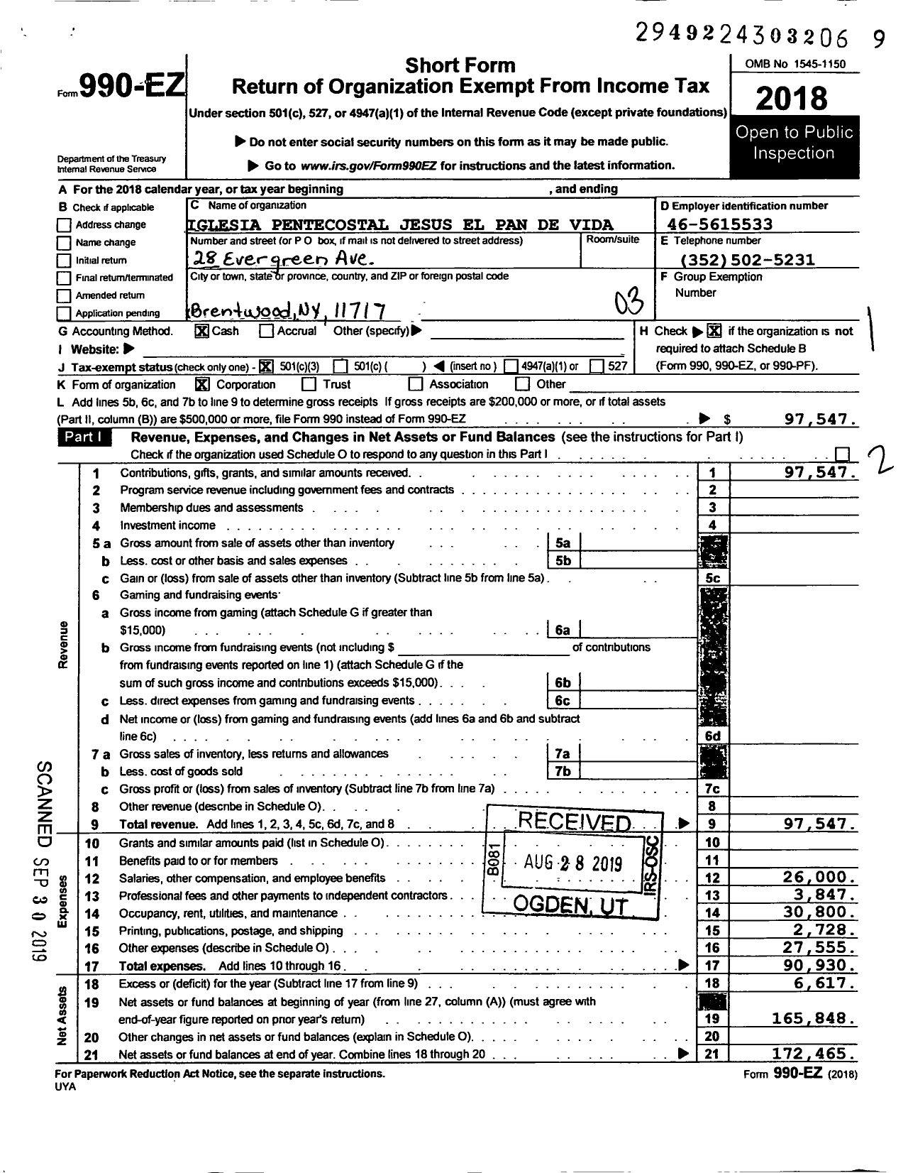 Image of first page of 2018 Form 990EZ for Iglesia Pentecostal Jesus El Pan de Vida