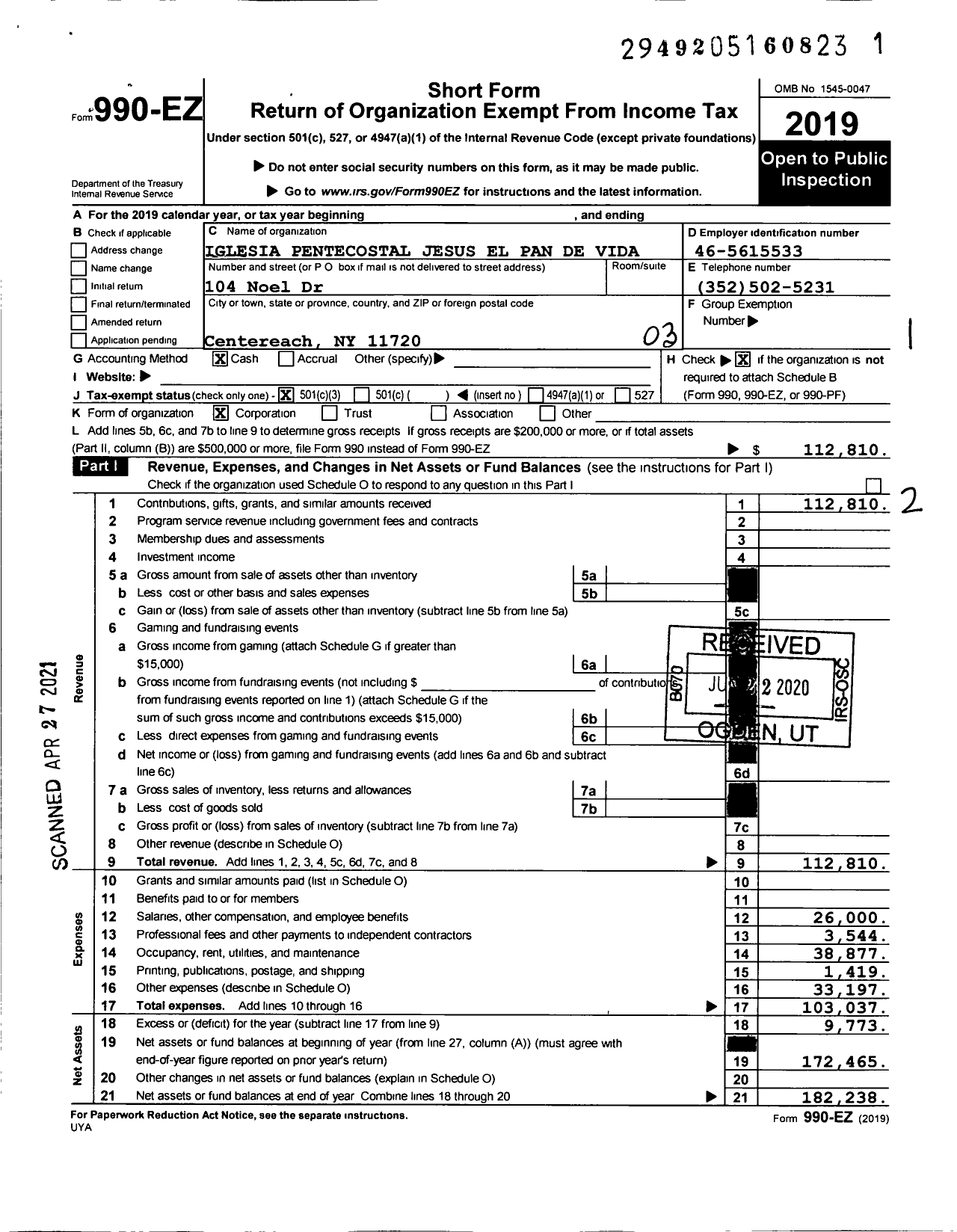 Image of first page of 2019 Form 990EZ for Iglesia Pentecostal Jesus El Pan de Vida