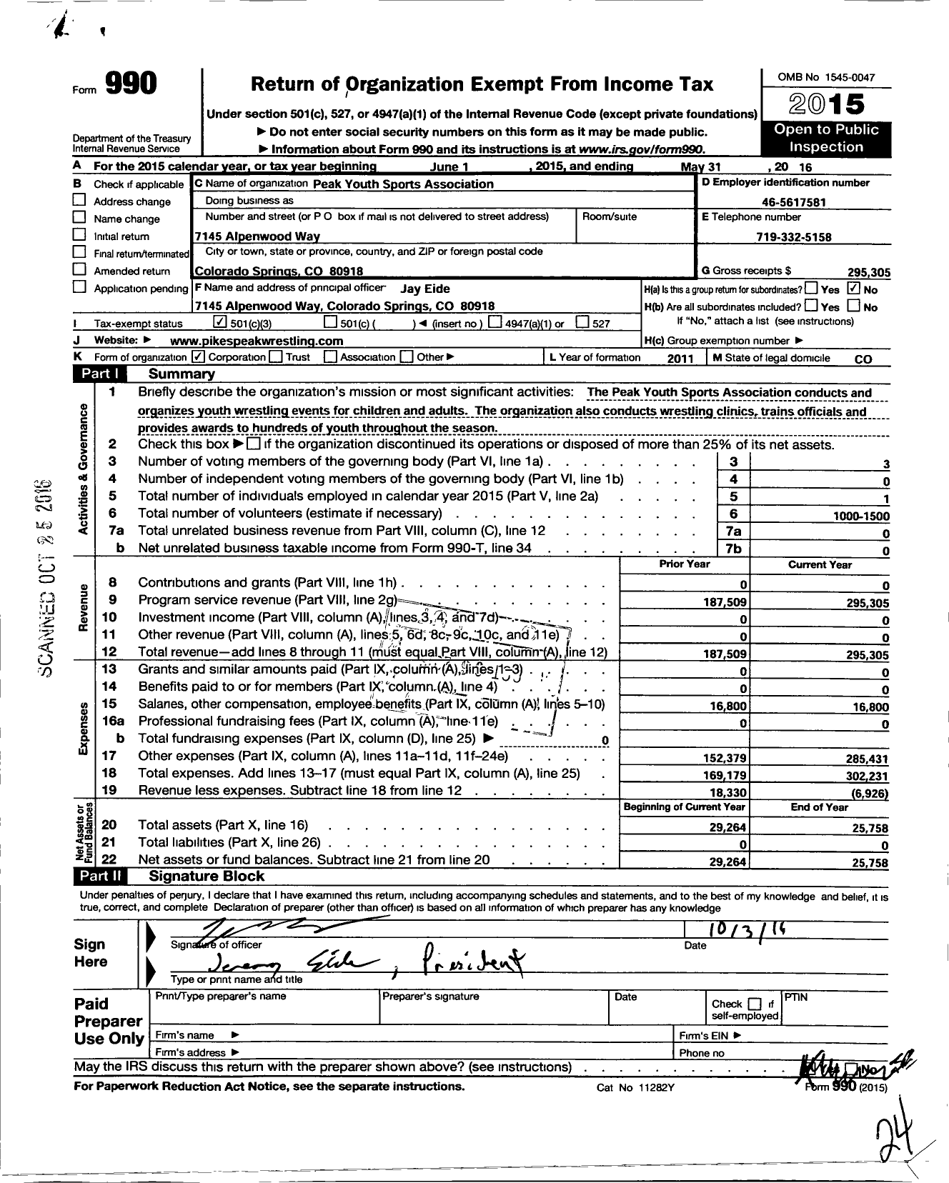 Image of first page of 2015 Form 990 for Peak Youth Sports Association