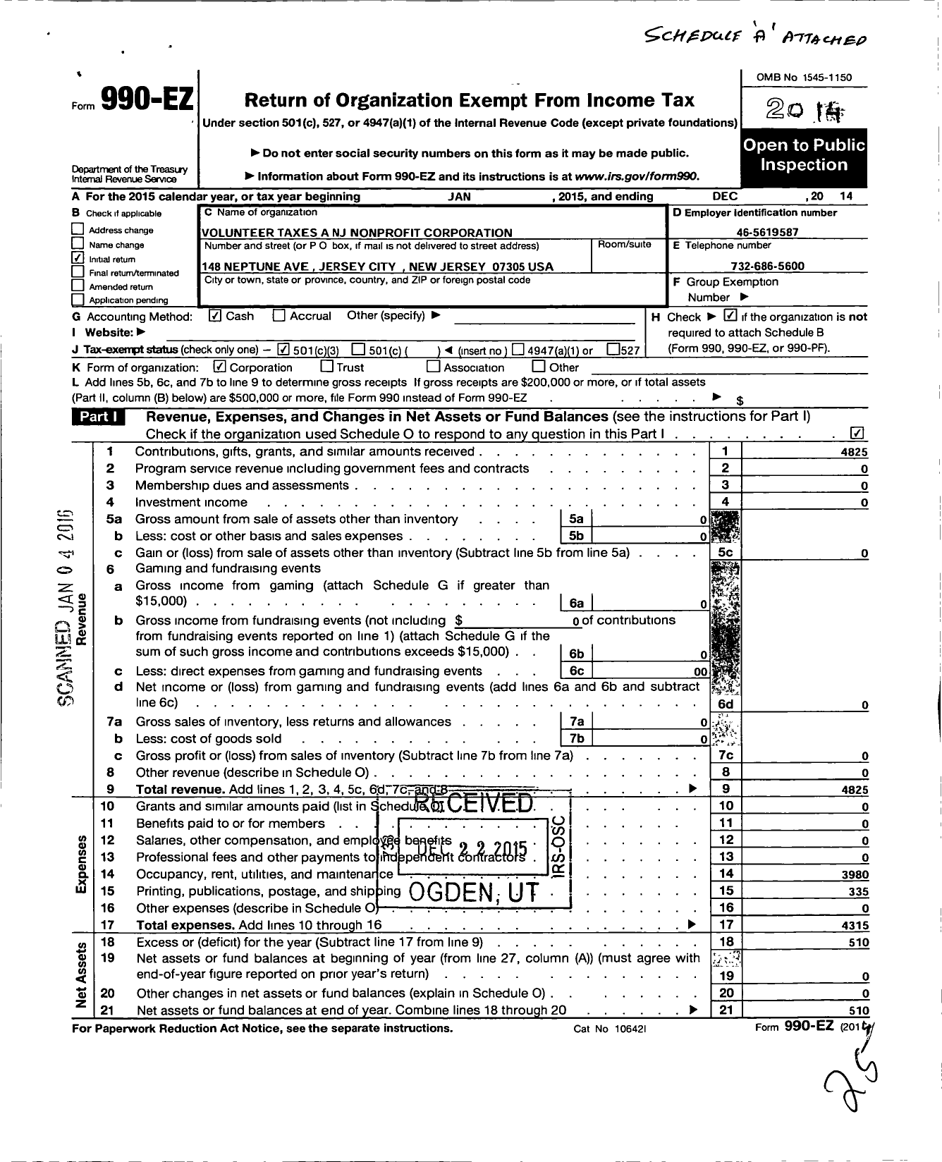 Image of first page of 2014 Form 990EZ for Volunteer Taxes A NJ Nonprofit Corporation