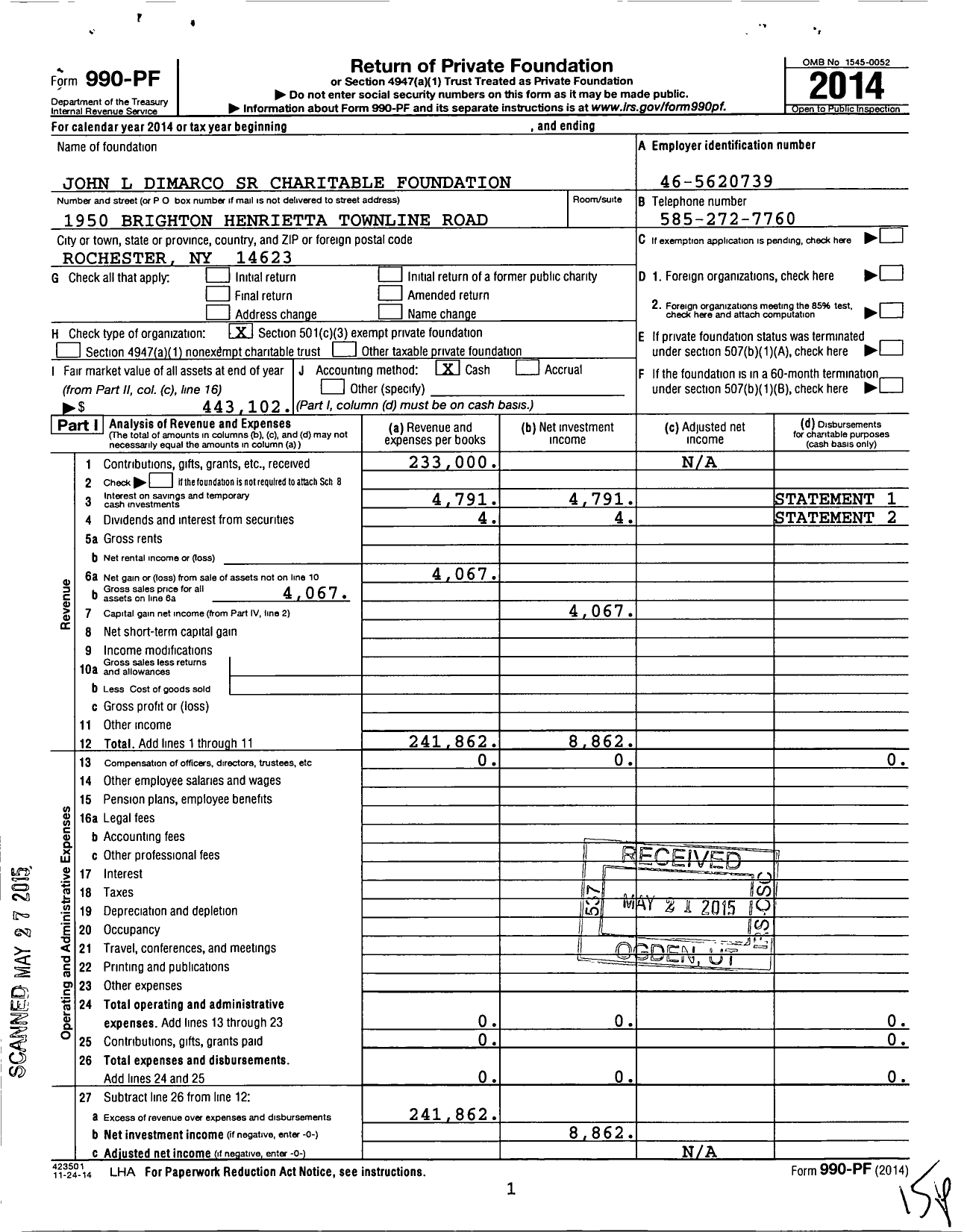 Image of first page of 2014 Form 990PF for John L Dimarco SR Family Foundation