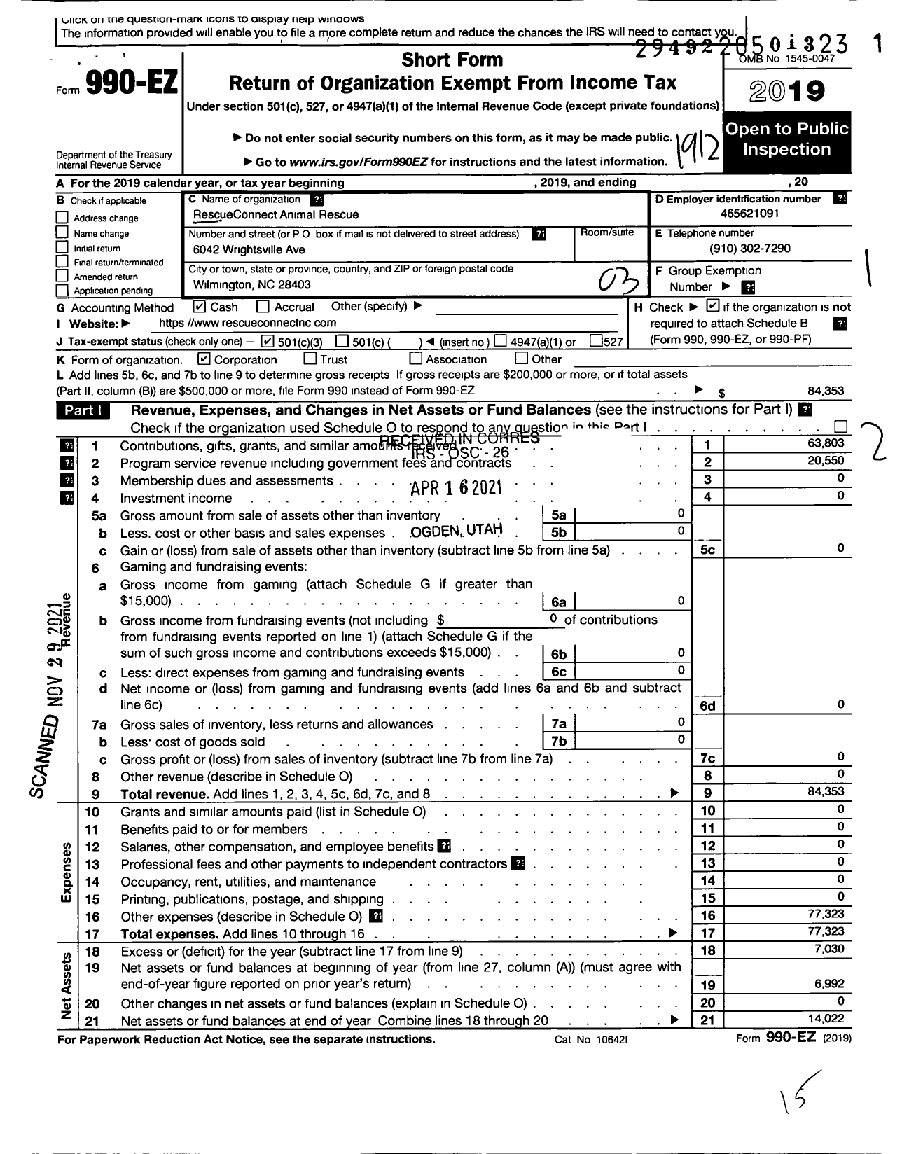 Image of first page of 2019 Form 990EZ for Rescueconnect Animal Rescue