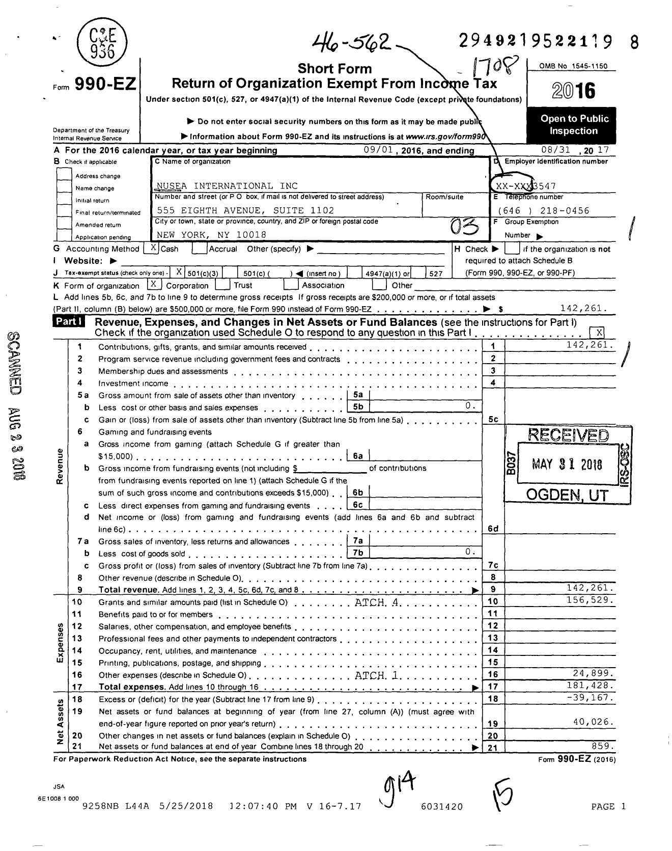 Image of first page of 2016 Form 990EZ for Squash and Education Alliance International