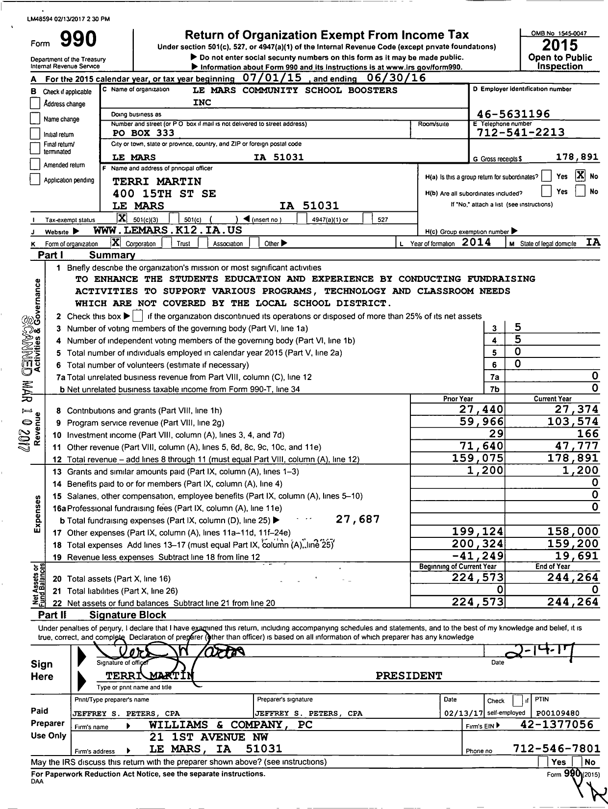 Image of first page of 2015 Form 990 for Le Mars Community School Boosters