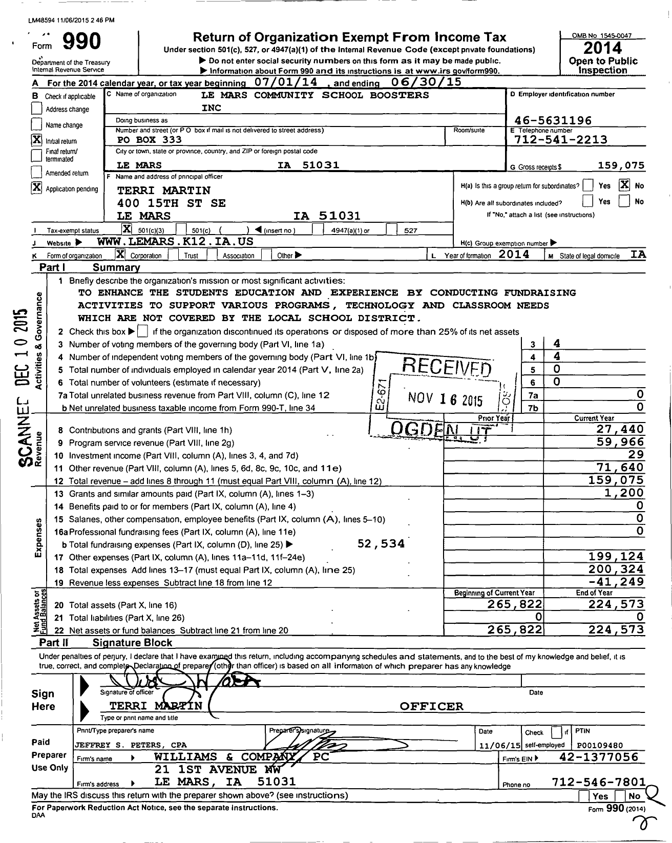 Image of first page of 2014 Form 990 for Le Mars Community School Boosters