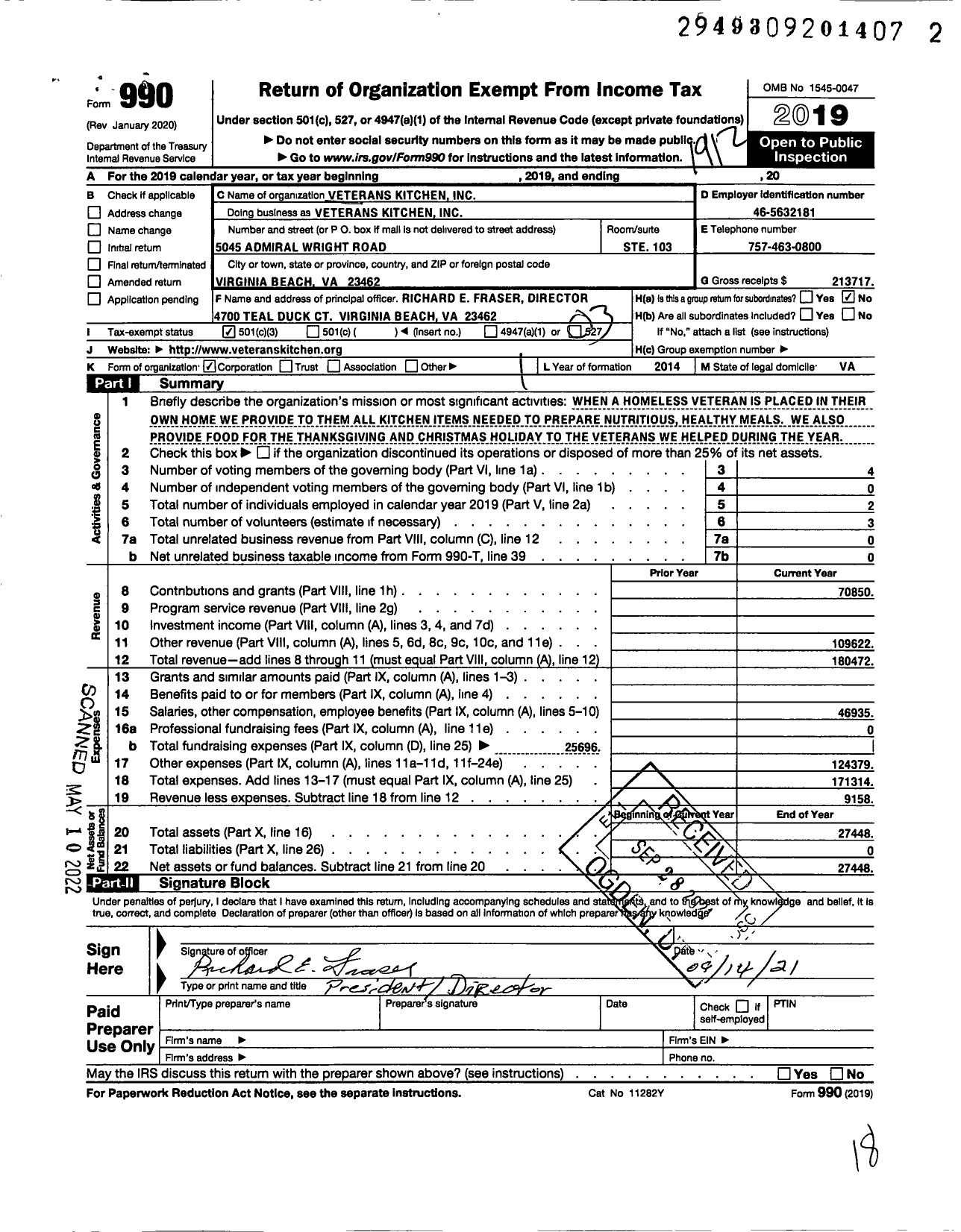 Image of first page of 2019 Form 990 for Veterans Kitchen