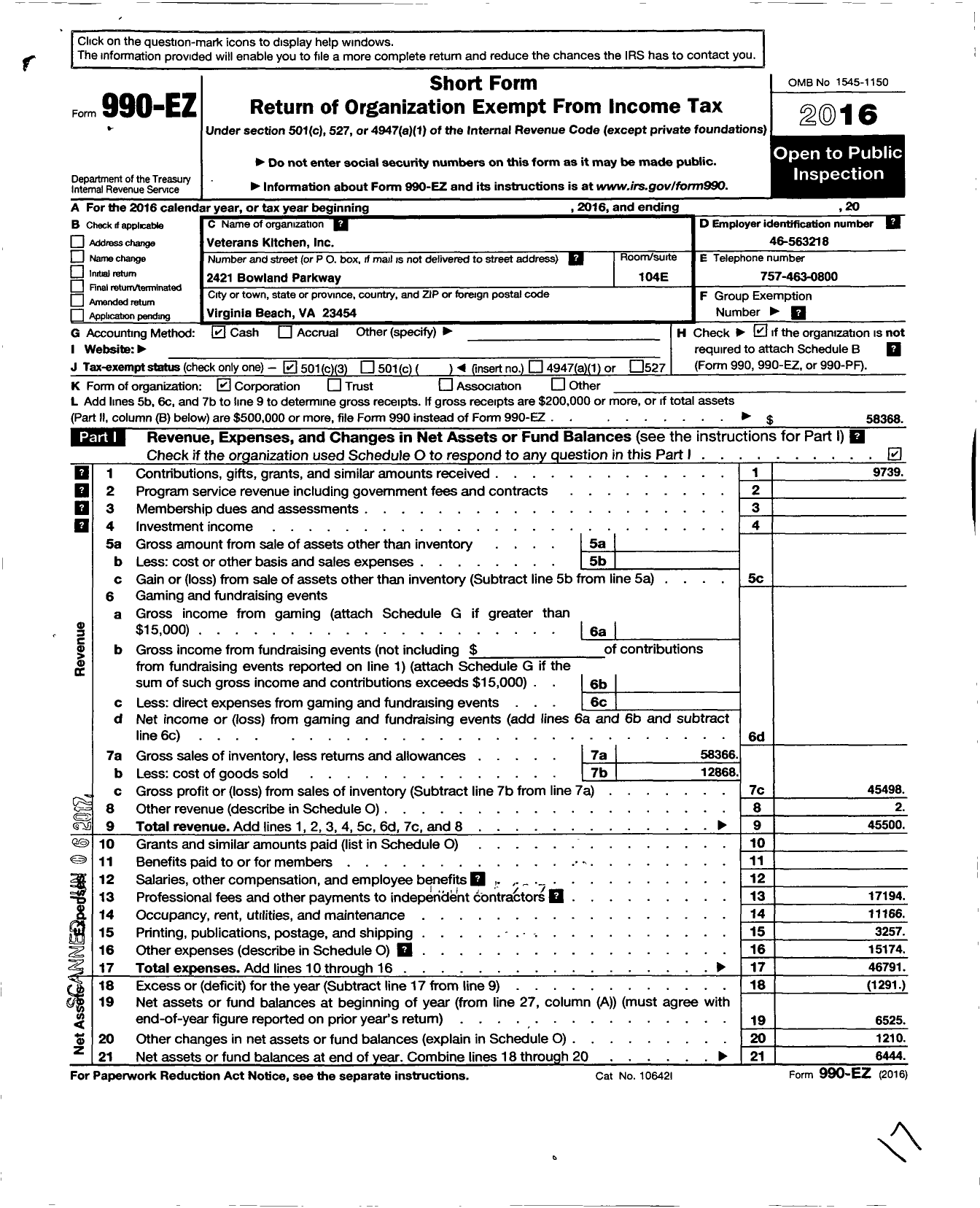 Image of first page of 2016 Form 990EZ for Veterans Kitchen