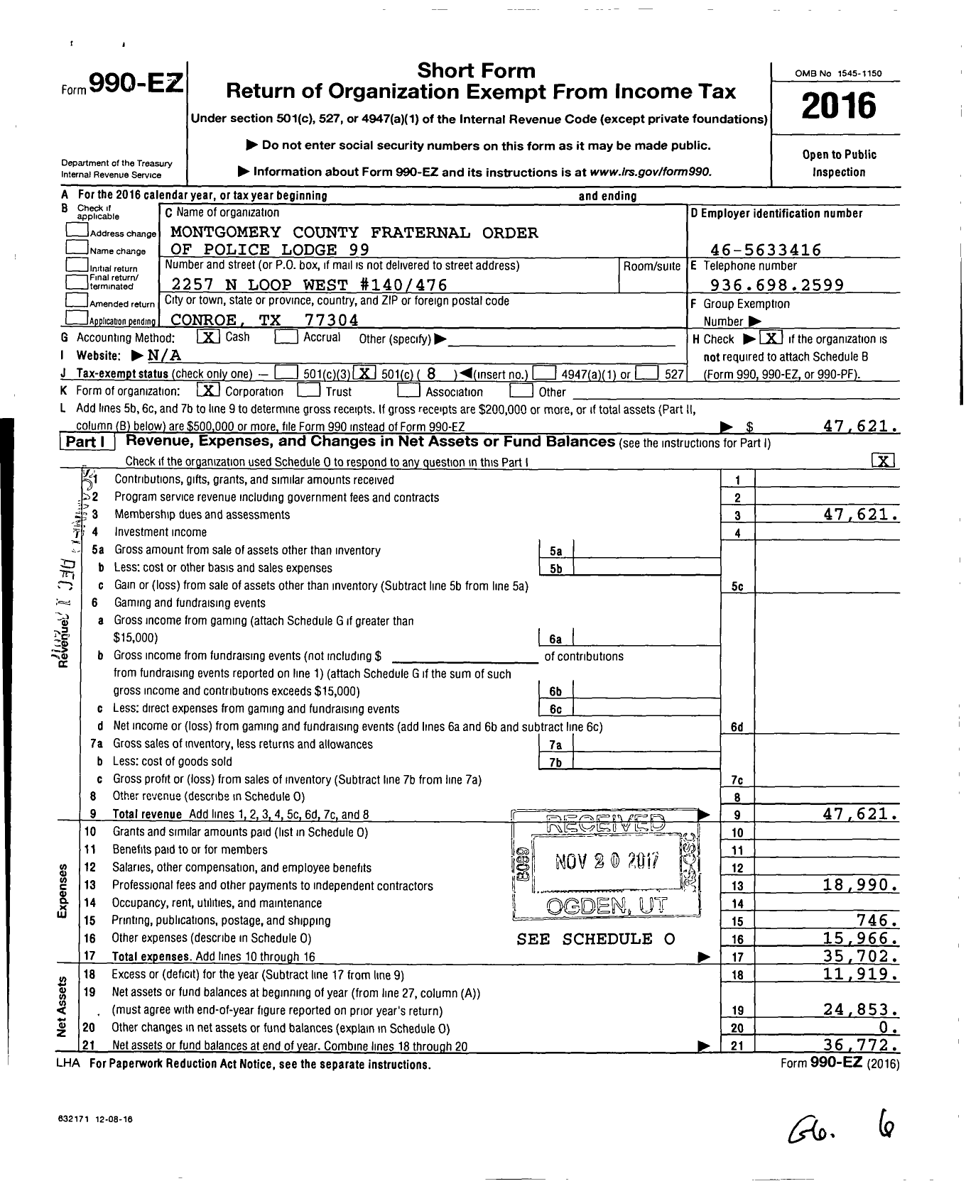 Image of first page of 2016 Form 990EO for Fraternal Order of Police 99 Montgomery