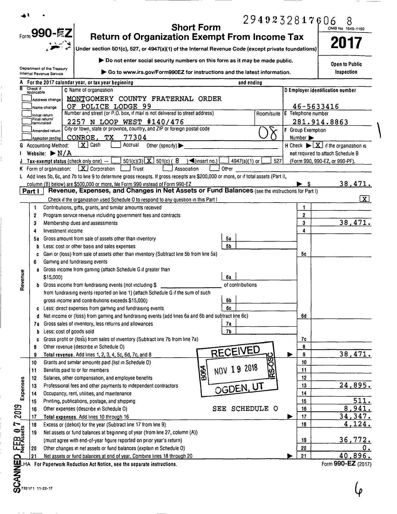 Image of first page of 2017 Form 990EO for Fraternal Order of Police 99 Montgomery