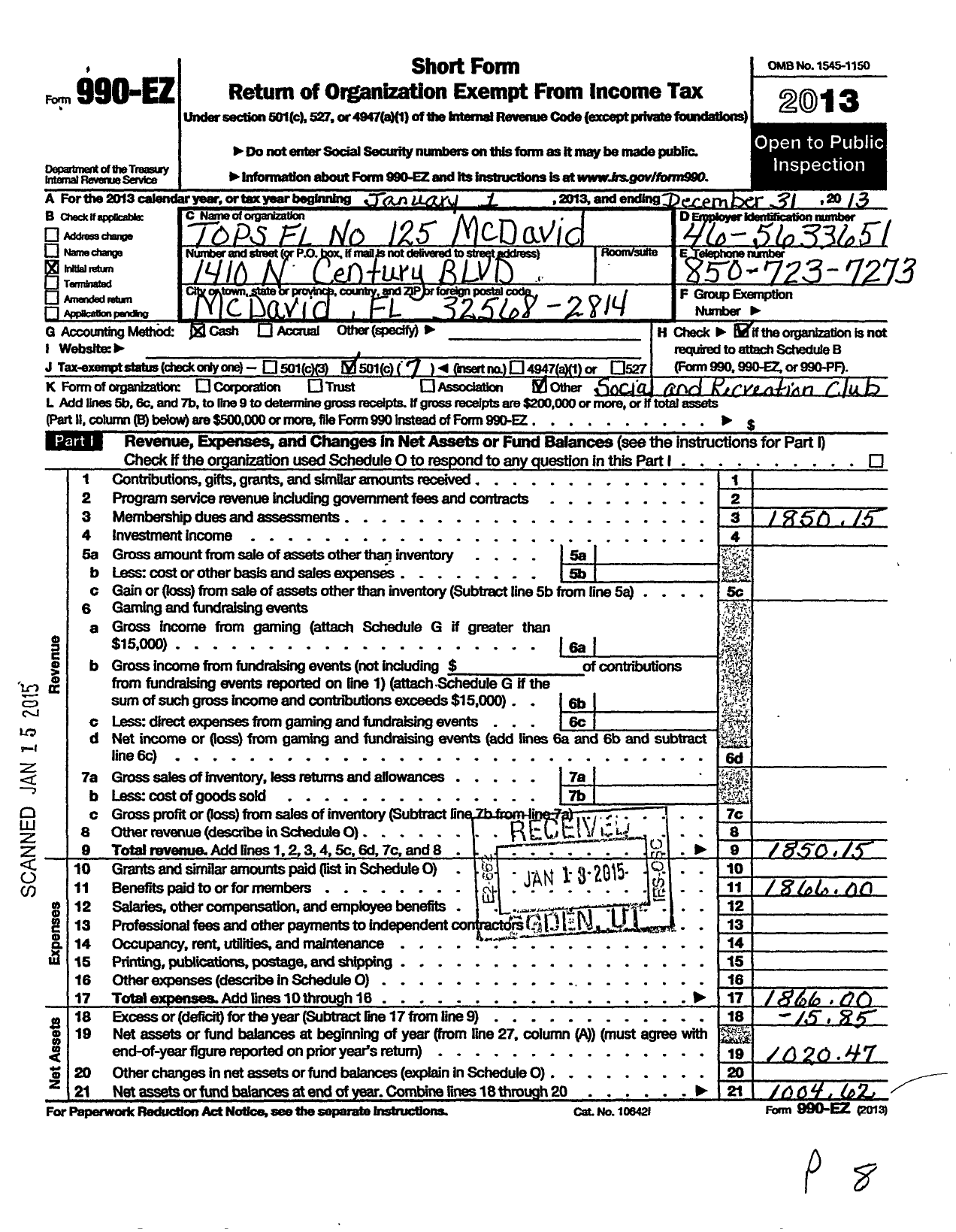 Image of first page of 2013 Form 990EO for Tops Club - 125 Tops FL Mcdavid