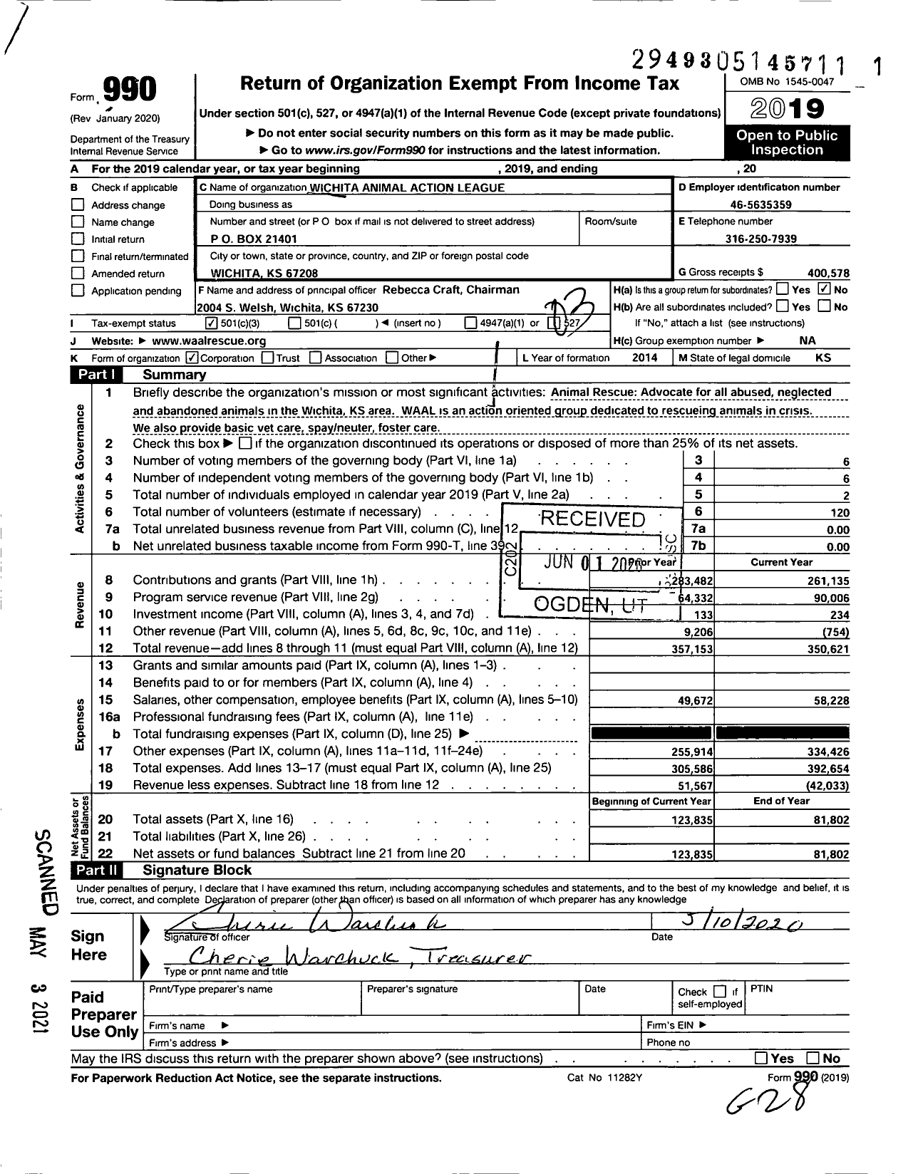 Image of first page of 2019 Form 990 for Wichita Animal Action League