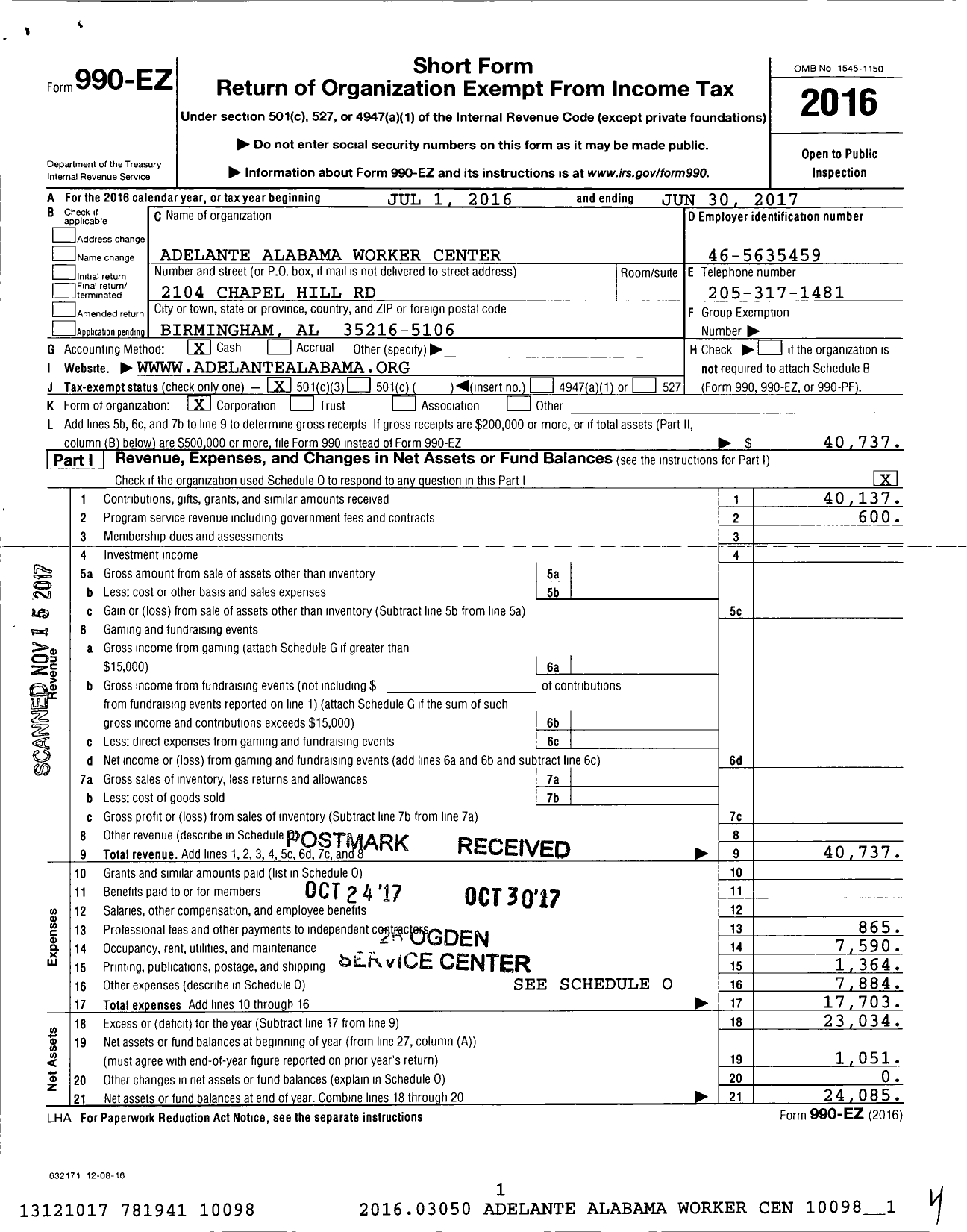 Image of first page of 2016 Form 990EZ for Adelante Alabama Worker Center