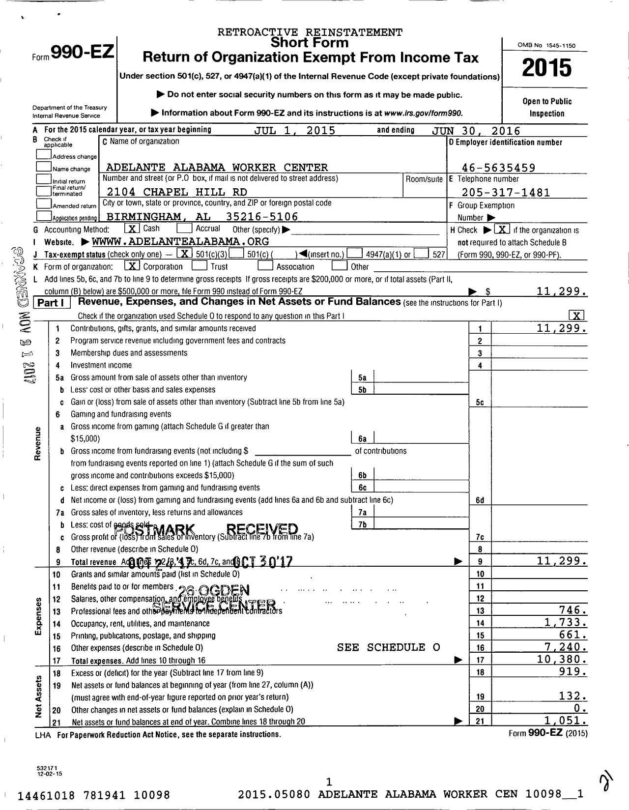 Image of first page of 2015 Form 990EZ for Adelante Alabama Worker Center