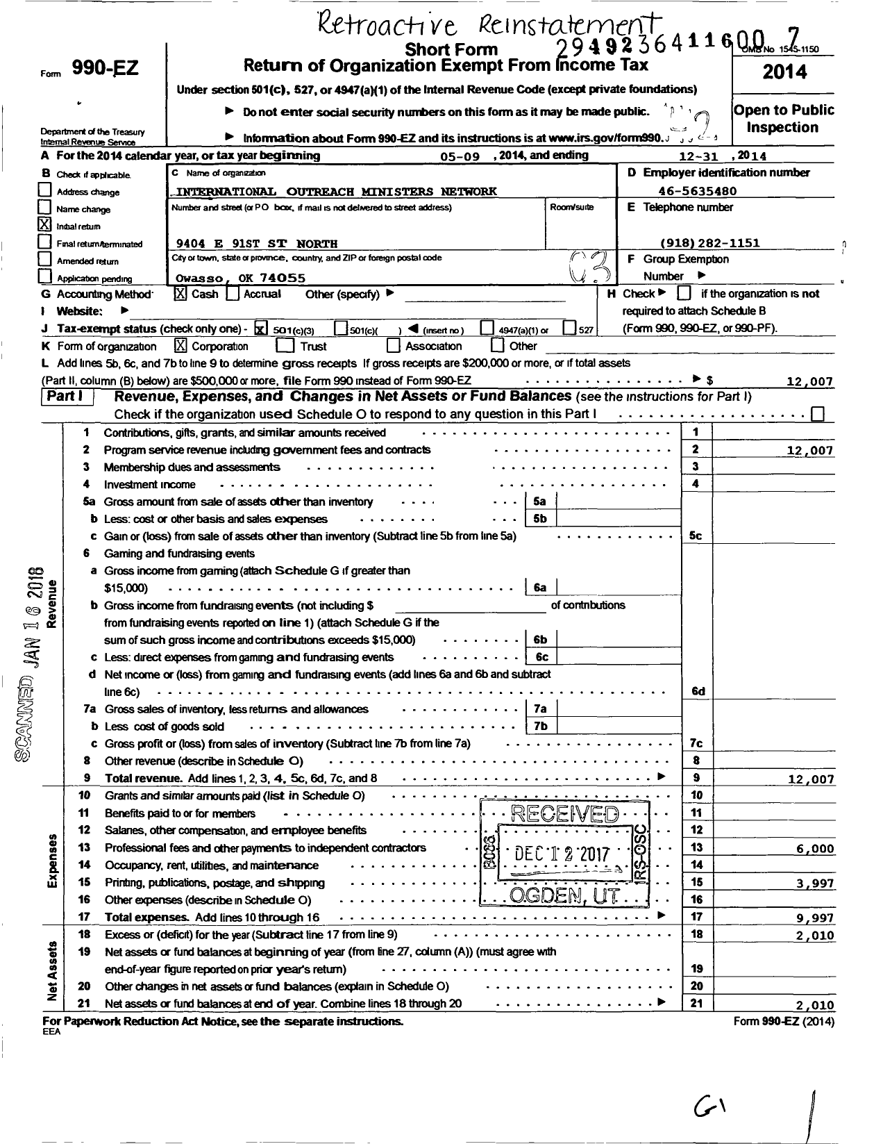 Image of first page of 2014 Form 990EZ for International Outreach Ministers Ne