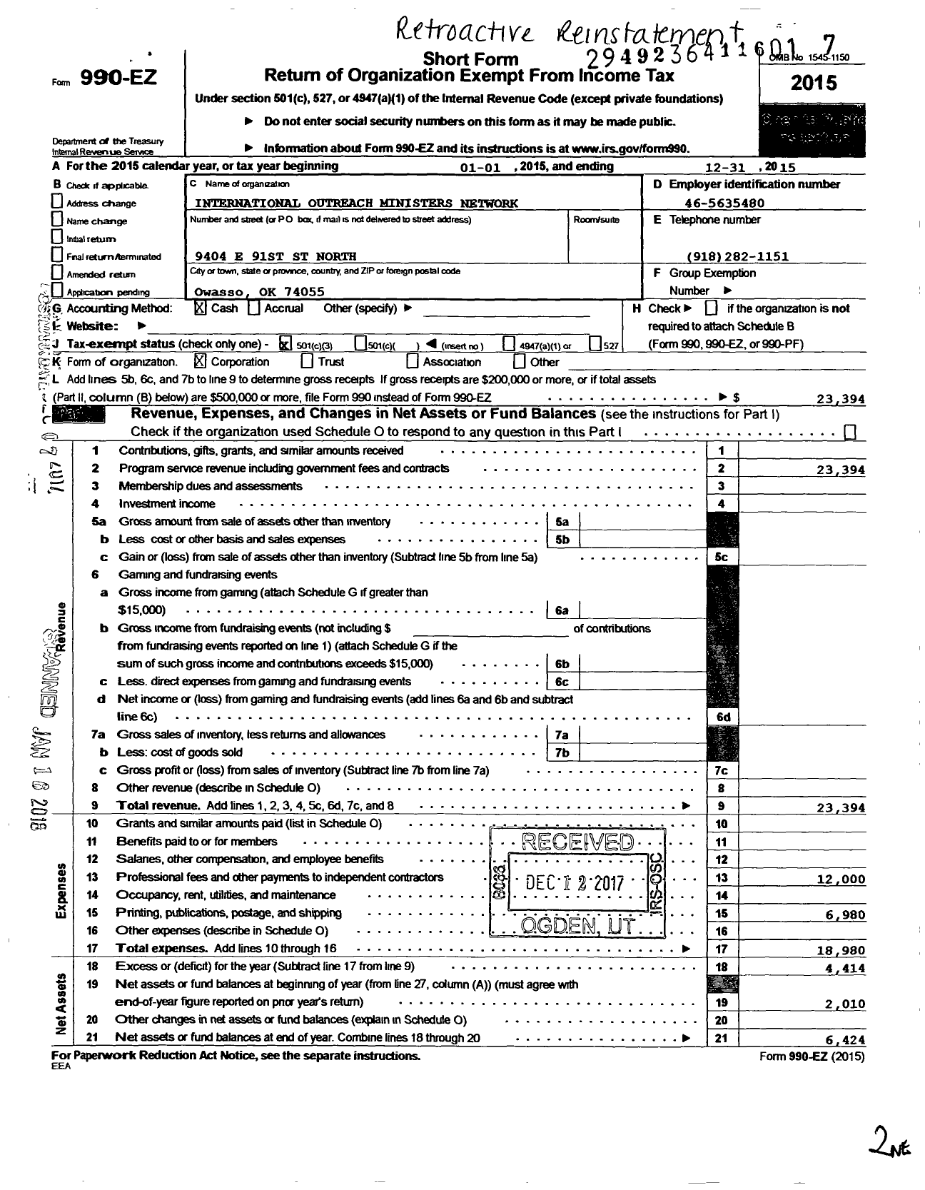 Image of first page of 2015 Form 990EZ for International Outreach Ministers Ne