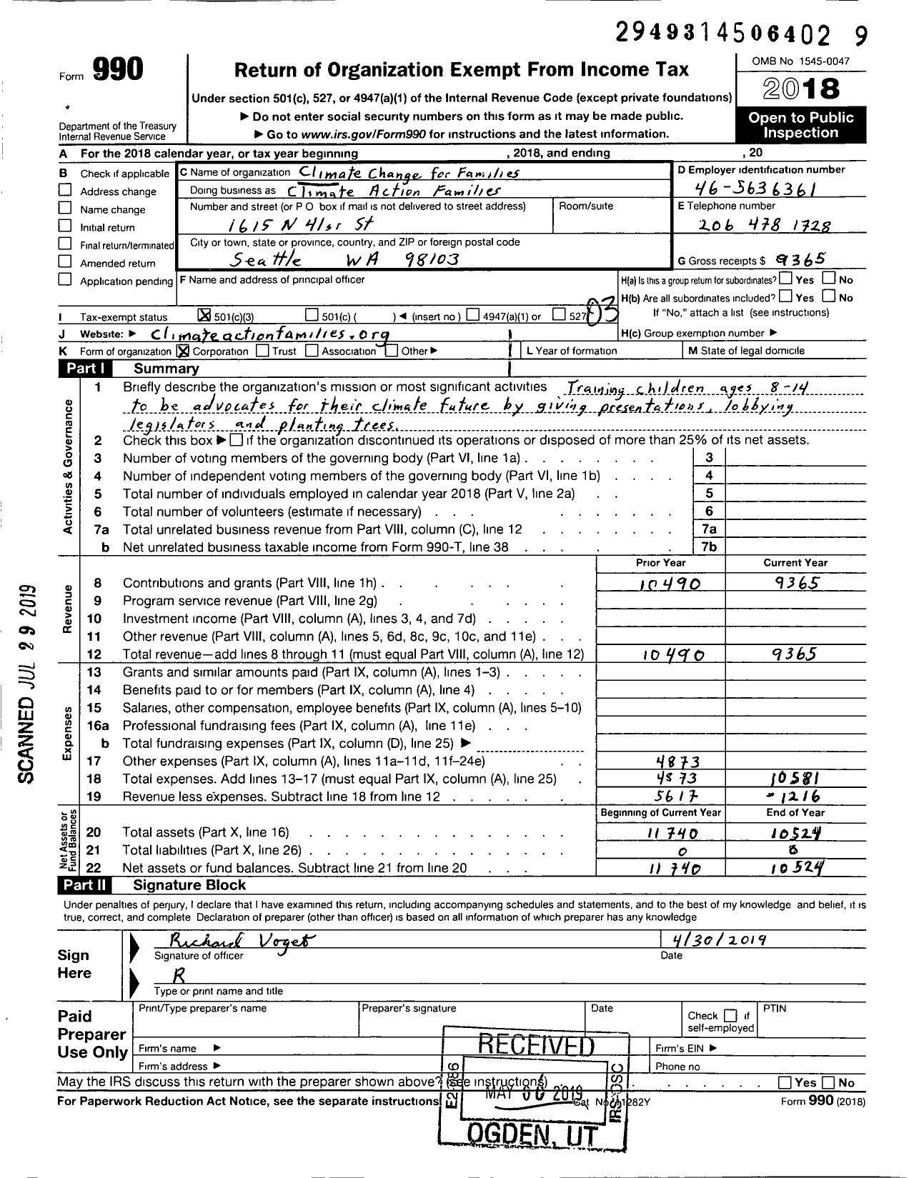 Image of first page of 2018 Form 990 for Climate Action Families