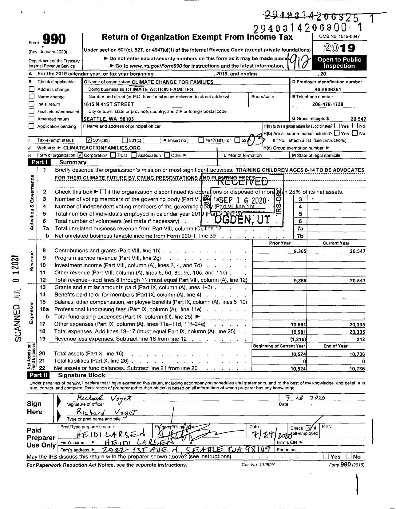 Image of first page of 2019 Form 990 for Climate Action Families