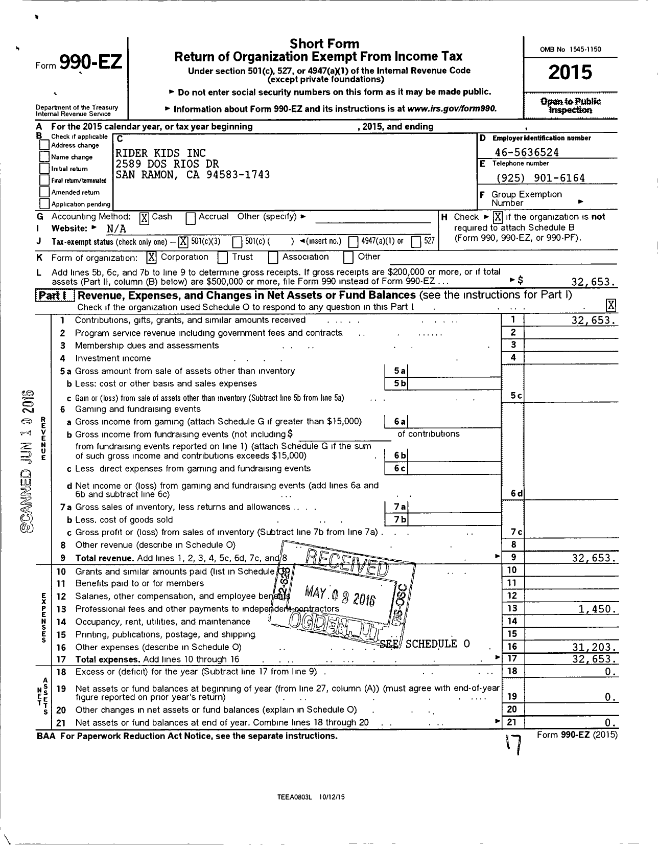 Image of first page of 2015 Form 990EZ for Rider Kids