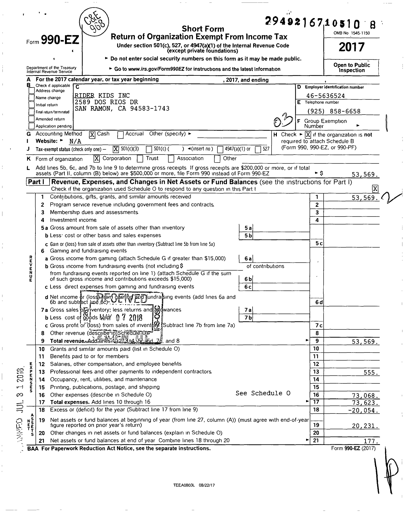 Image of first page of 2017 Form 990EZ for Rider Kids