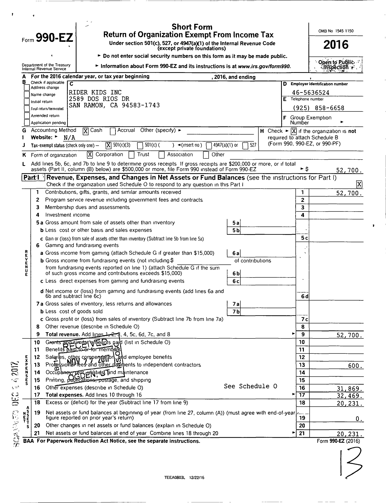 Image of first page of 2016 Form 990EZ for Rider Kids