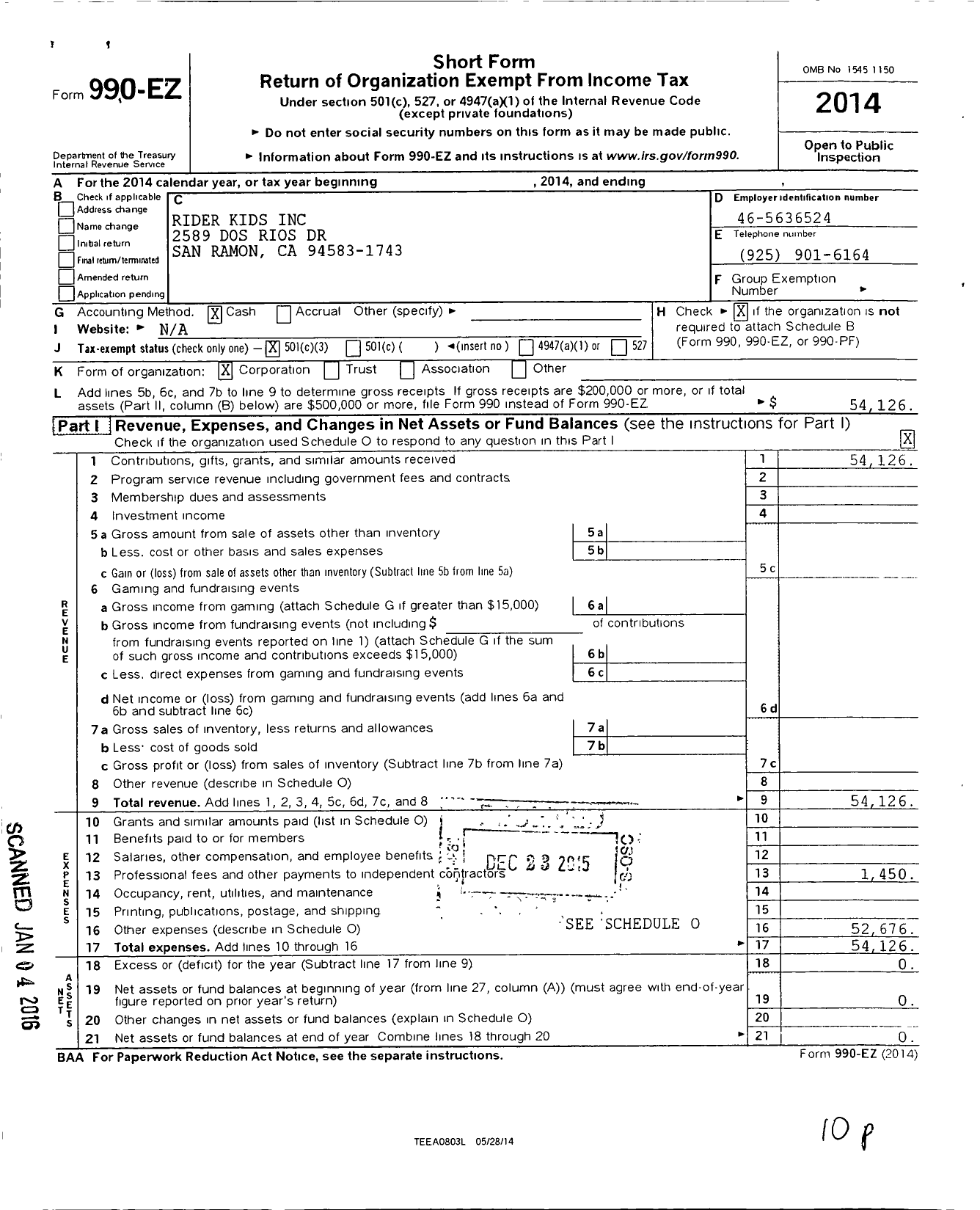 Image of first page of 2014 Form 990EZ for Rider Kids