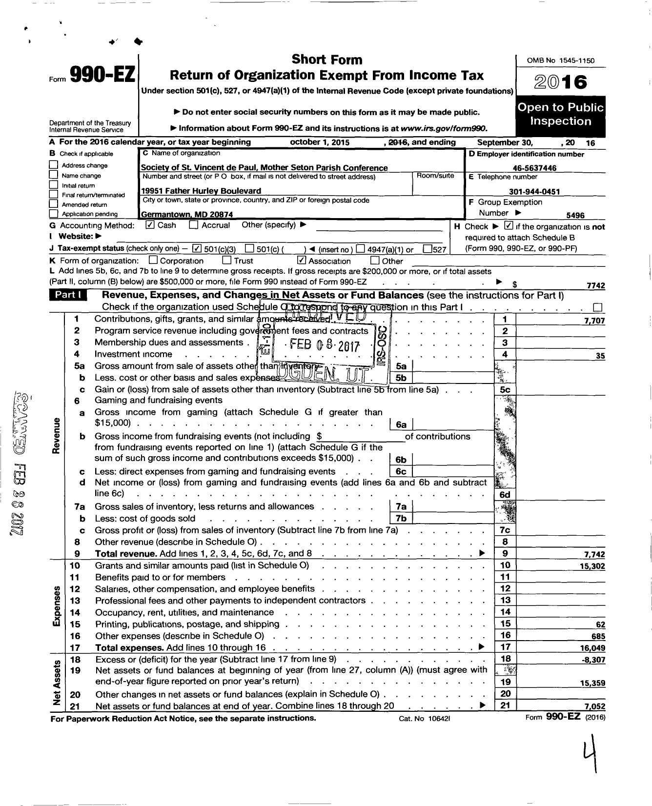 Image of first page of 2015 Form 990EZ for Society of Saint Vincent de Paul Mother Seton Parish Conference