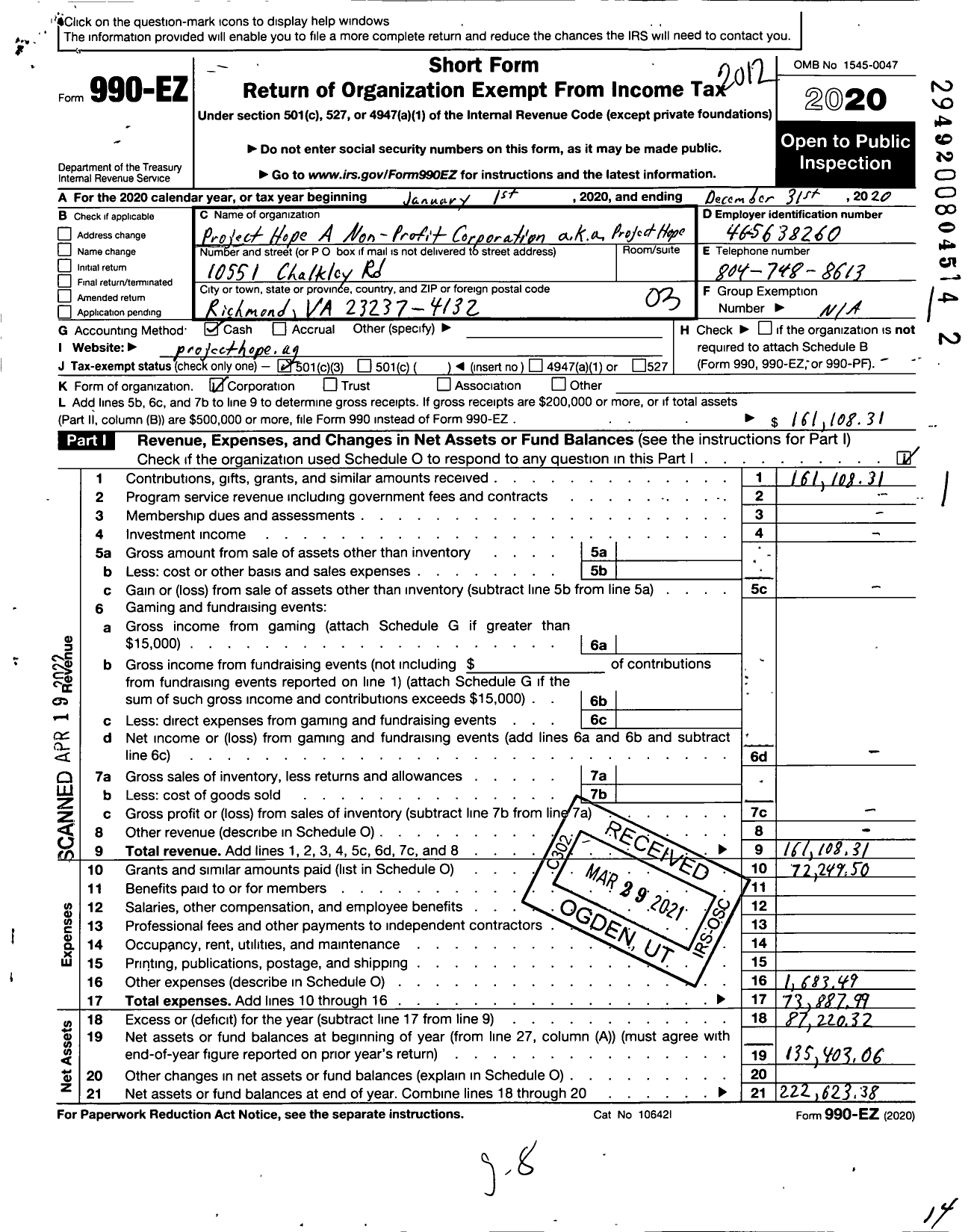 Image of first page of 2020 Form 990EZ for Project Hope A Non-Profit Corporation
