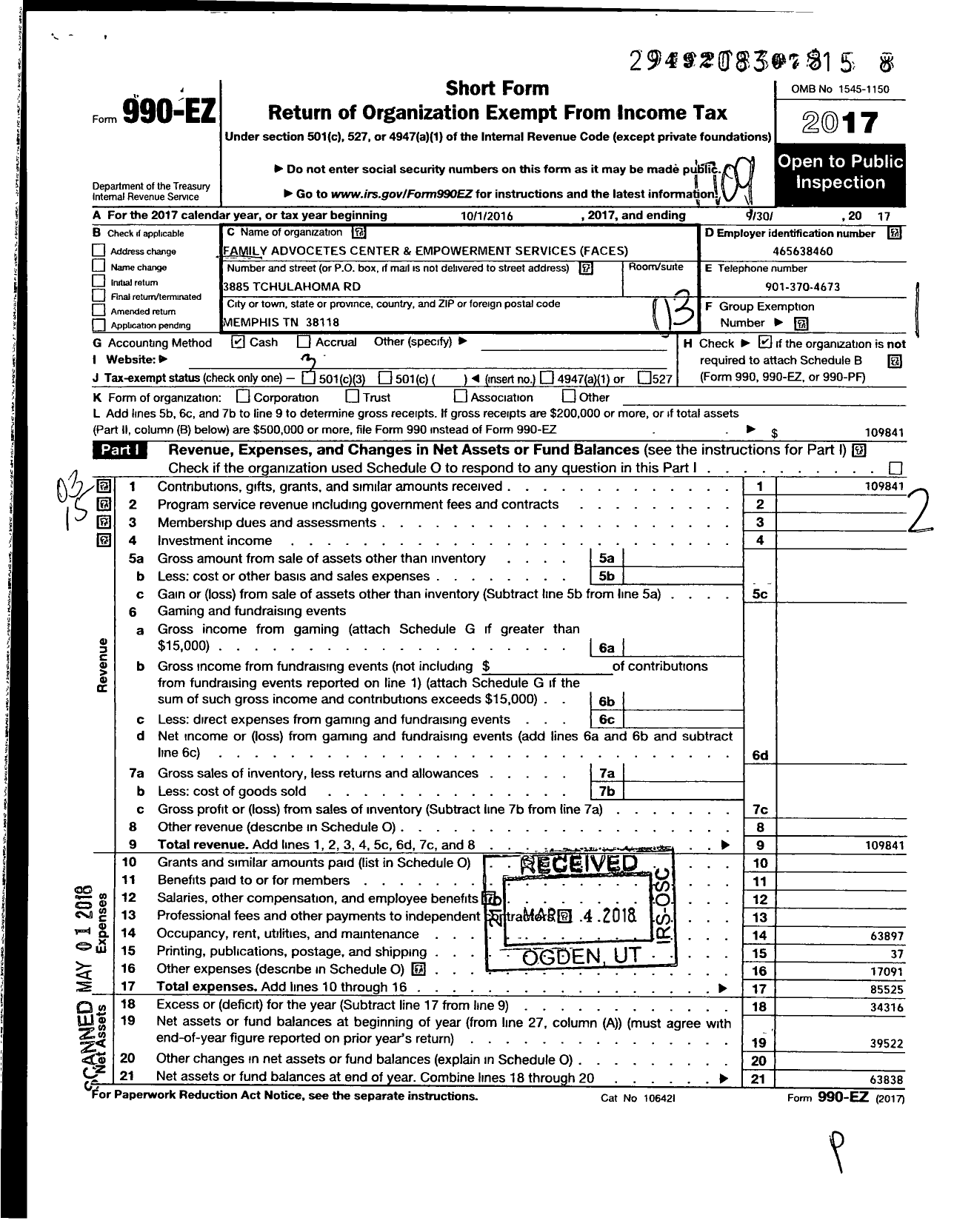 Image of first page of 2016 Form 990EZ for Family Advocate Center and Empowerment Services of Memphis