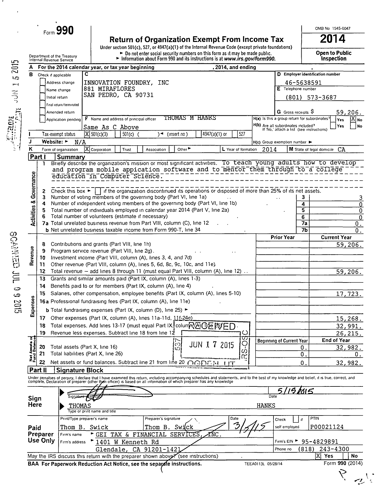 Image of first page of 2014 Form 990 for Innovation Foundry