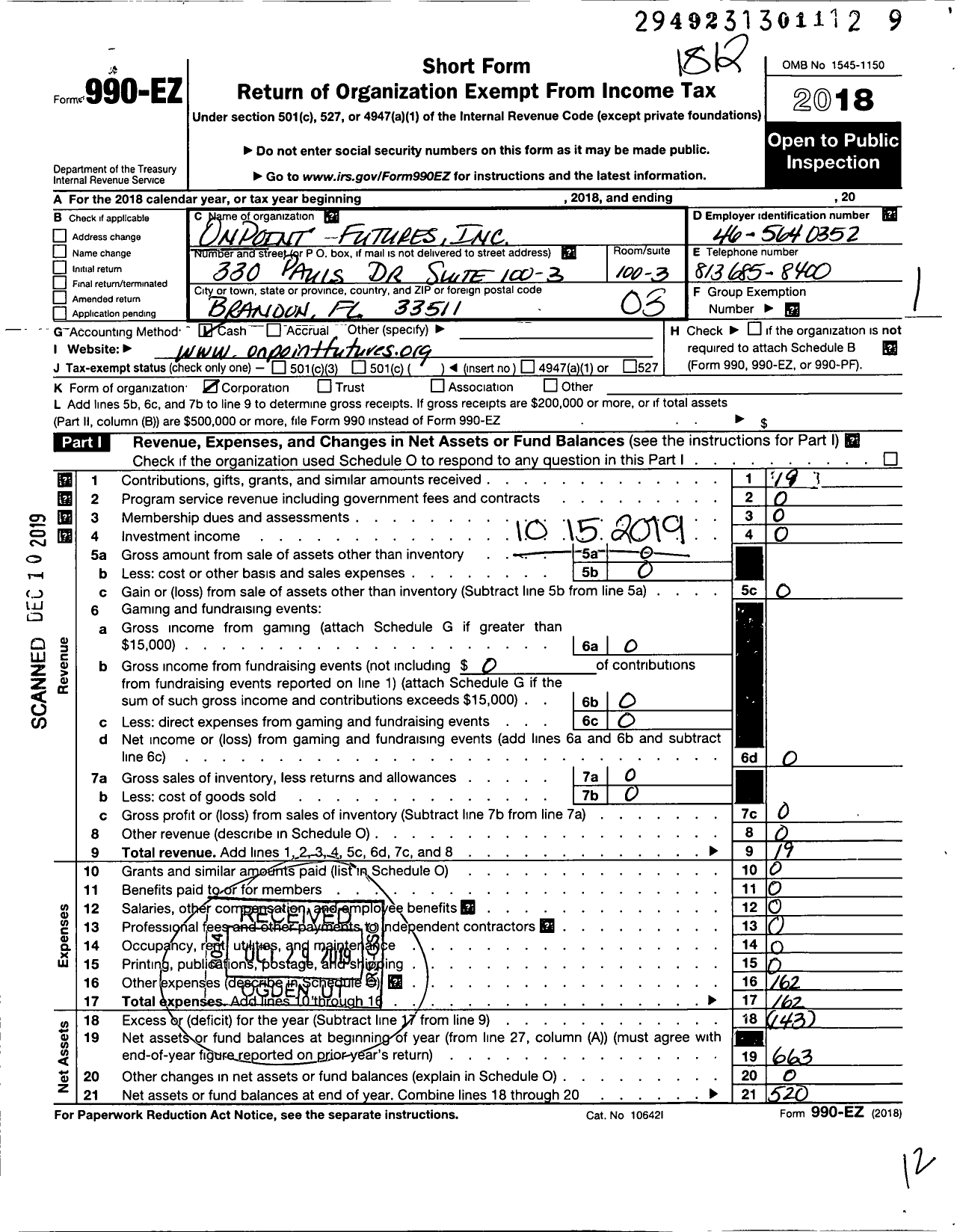 Image of first page of 2018 Form 990EZ for OnPoint Futures