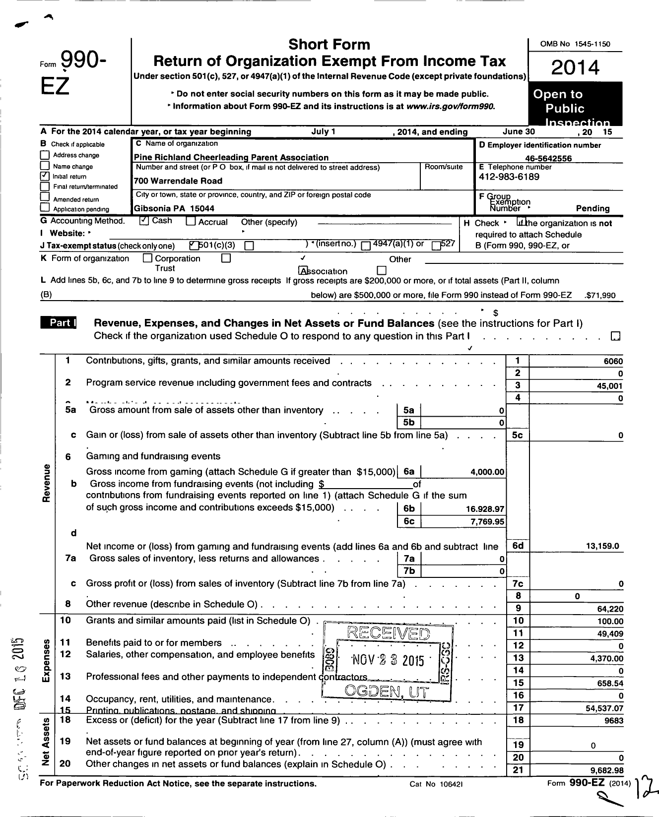 Image of first page of 2014 Form 990EZ for Pine-Richland Unified Booster Organization / Pine-Richland Cheer Parent Assoc