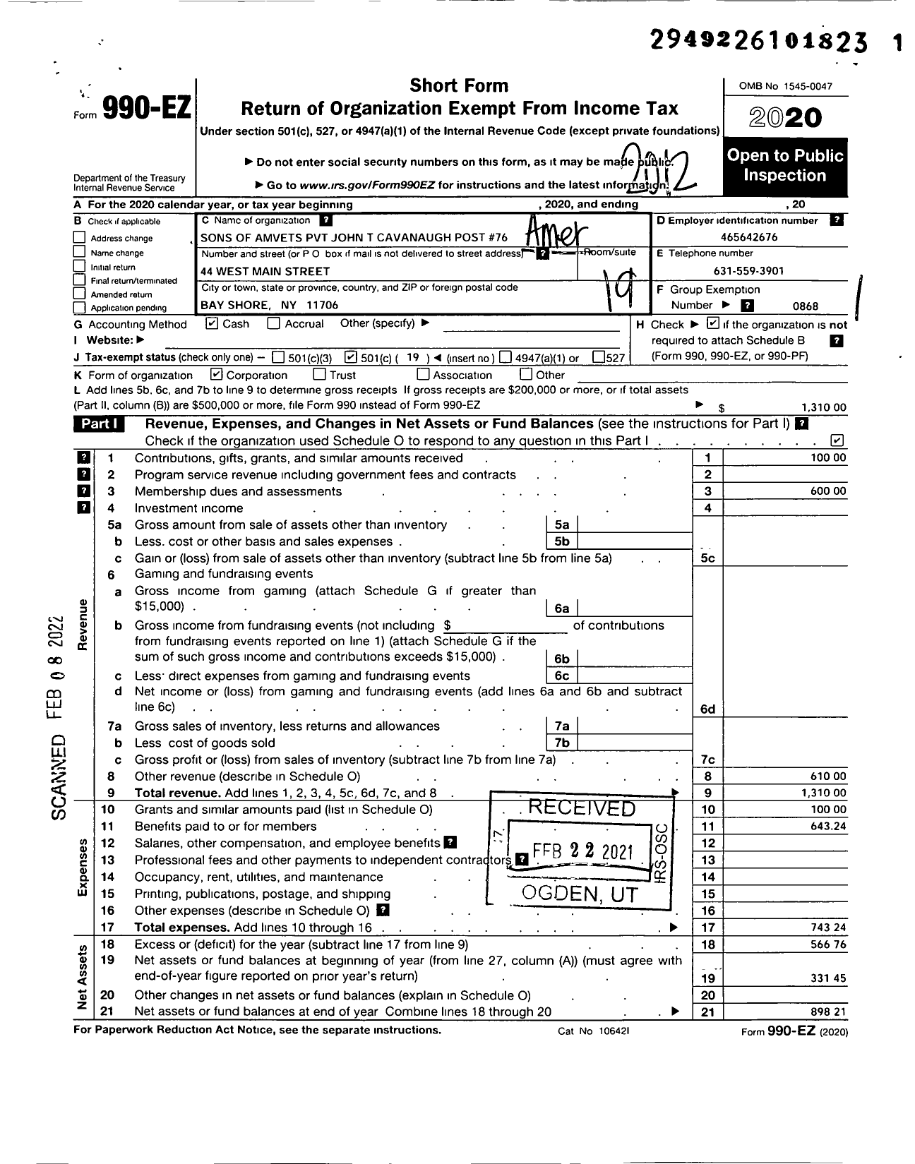 Image of first page of 2020 Form 990EO for Amvets - 76 Ny