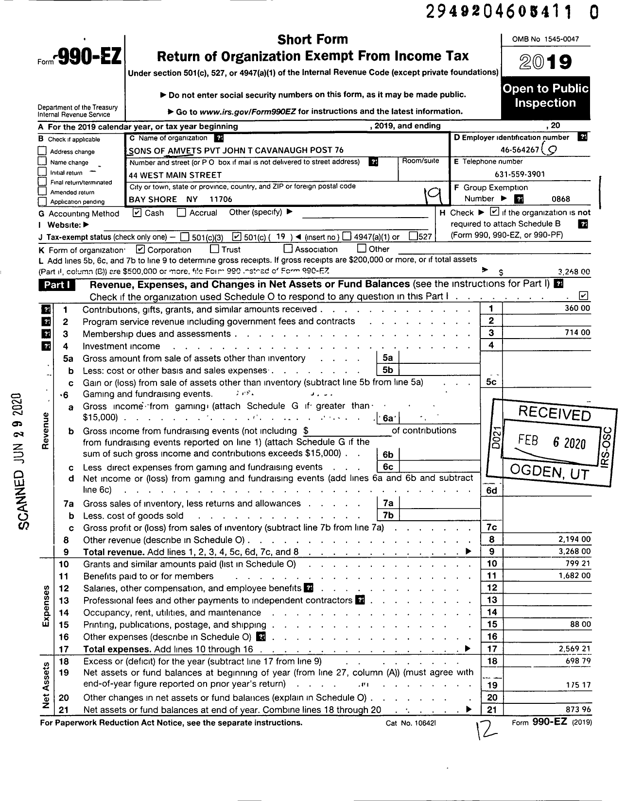 Image of first page of 2019 Form 990EO for Amvets - 76 Ny