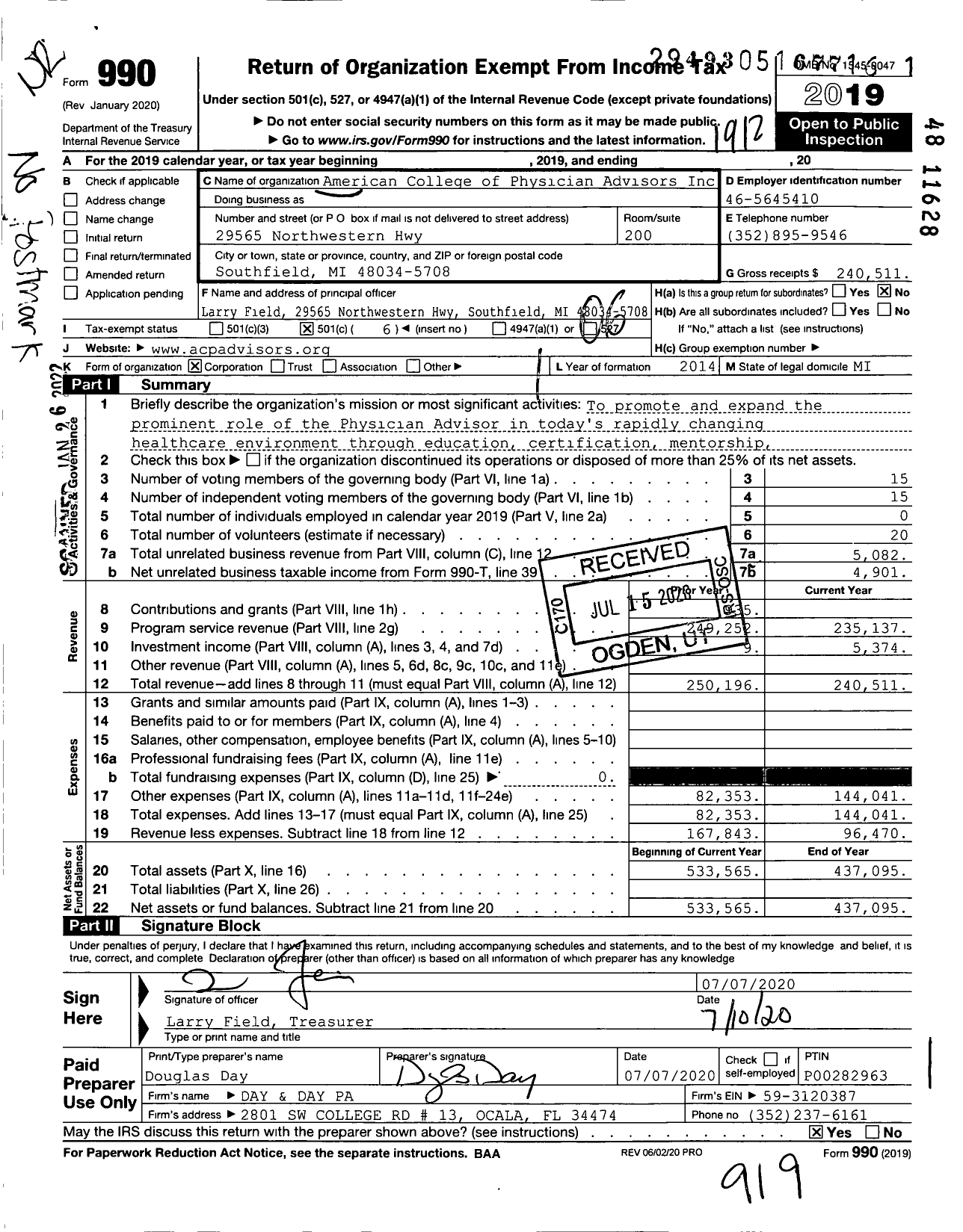 Image of first page of 2019 Form 990O for American College of Physician Advisors