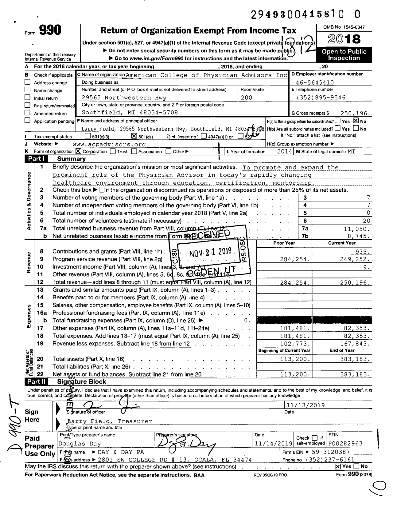 Image of first page of 2018 Form 990O for American College of Physician Advisors