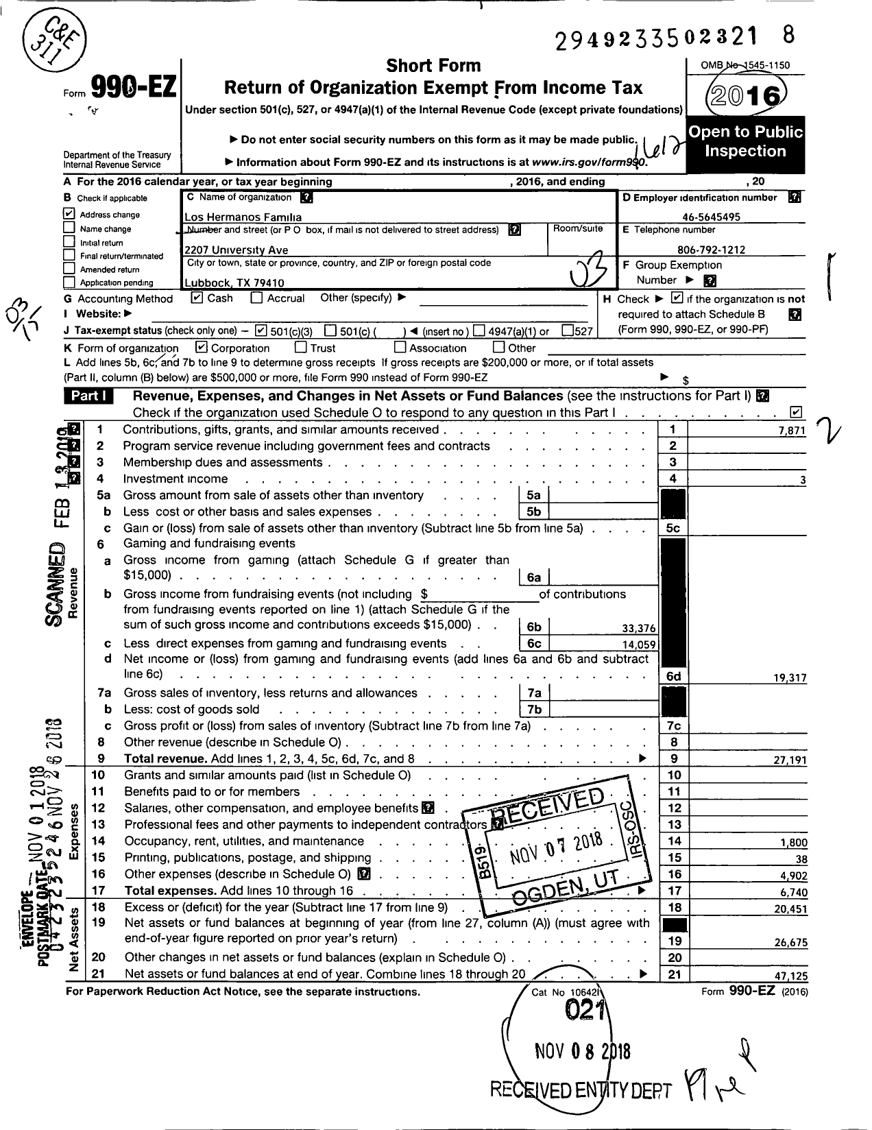 Image of first page of 2016 Form 990EZ for Los Hermanos Familia