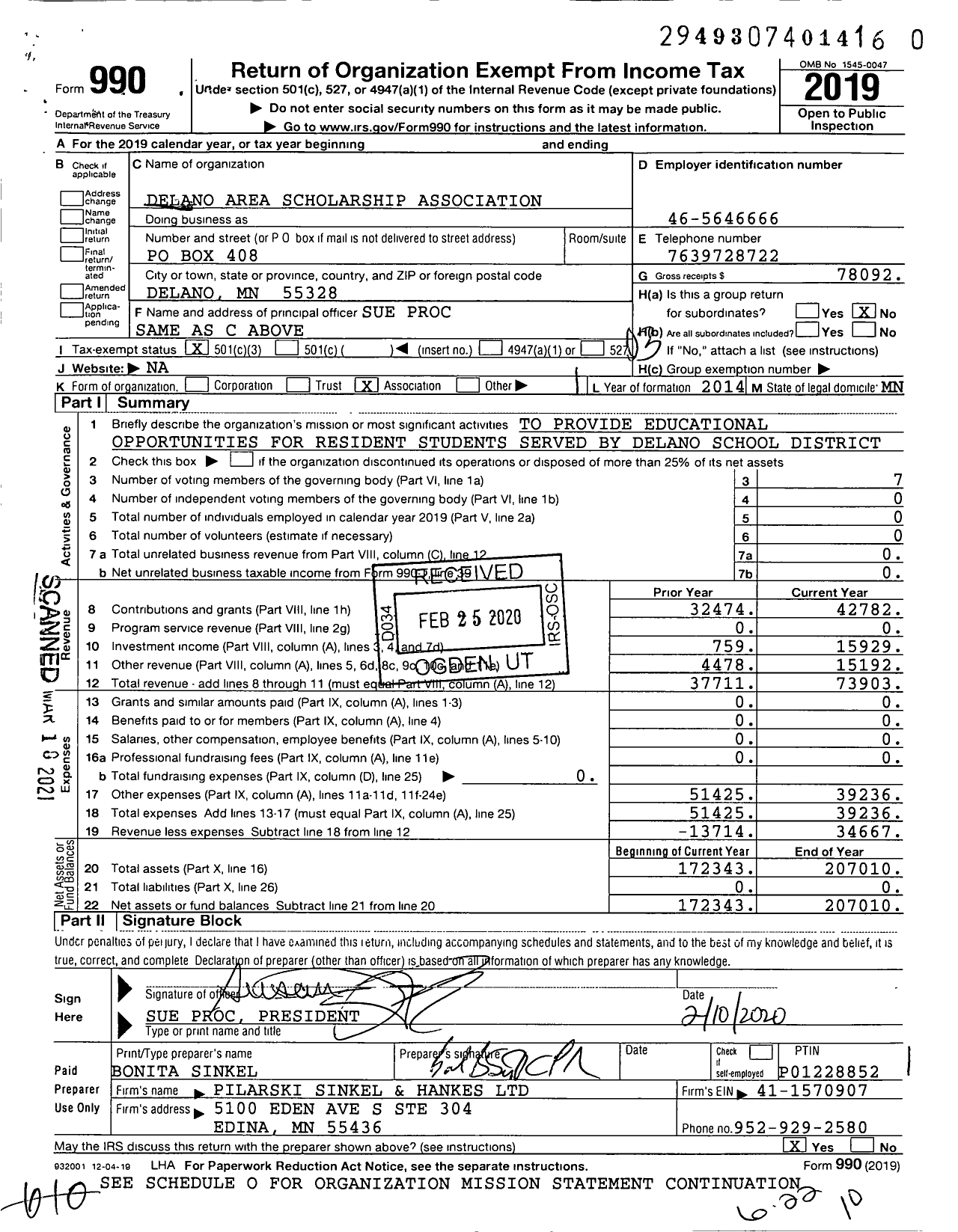 Image of first page of 2019 Form 990 for Delano Area Scholarship Association