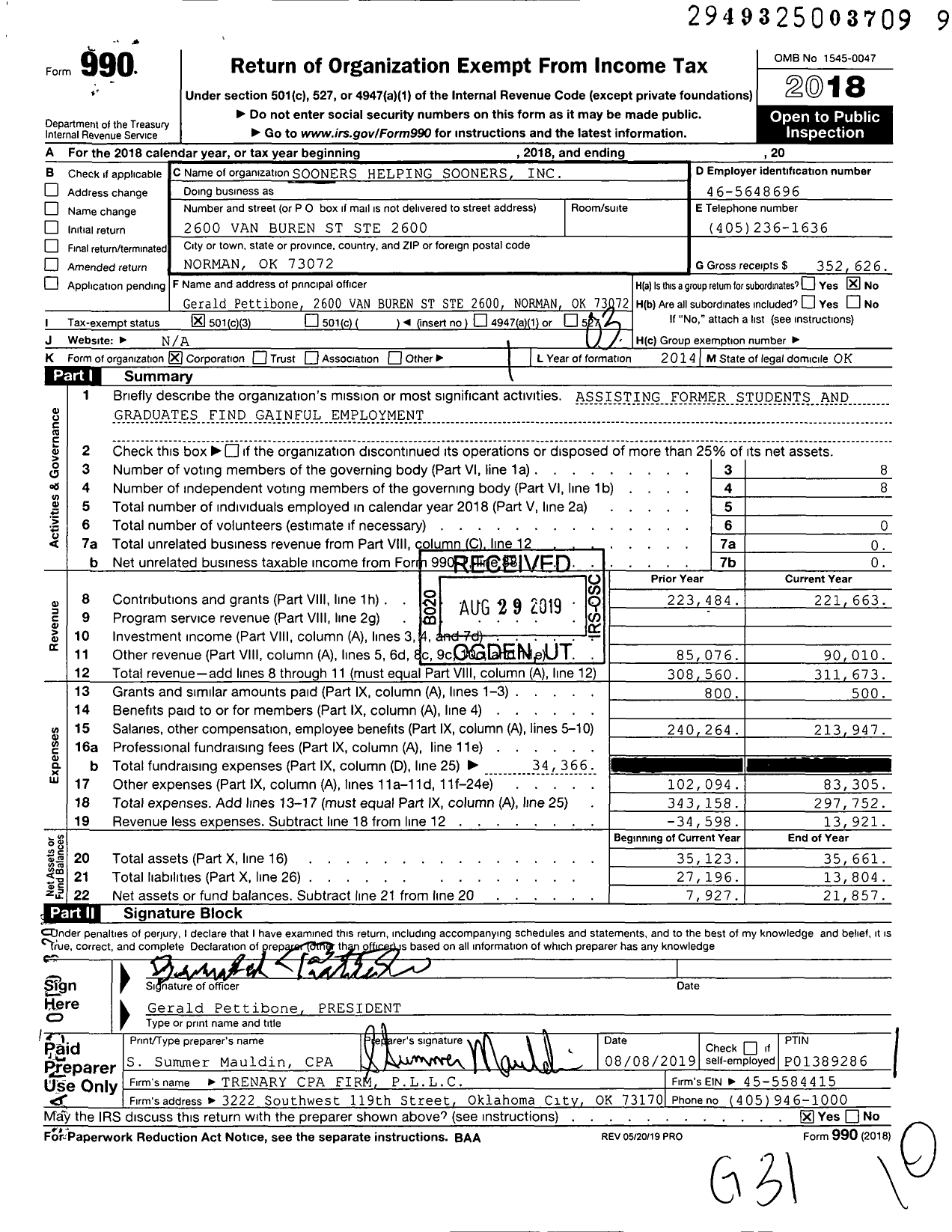 Image of first page of 2018 Form 990 for Sooners Helping Sooners