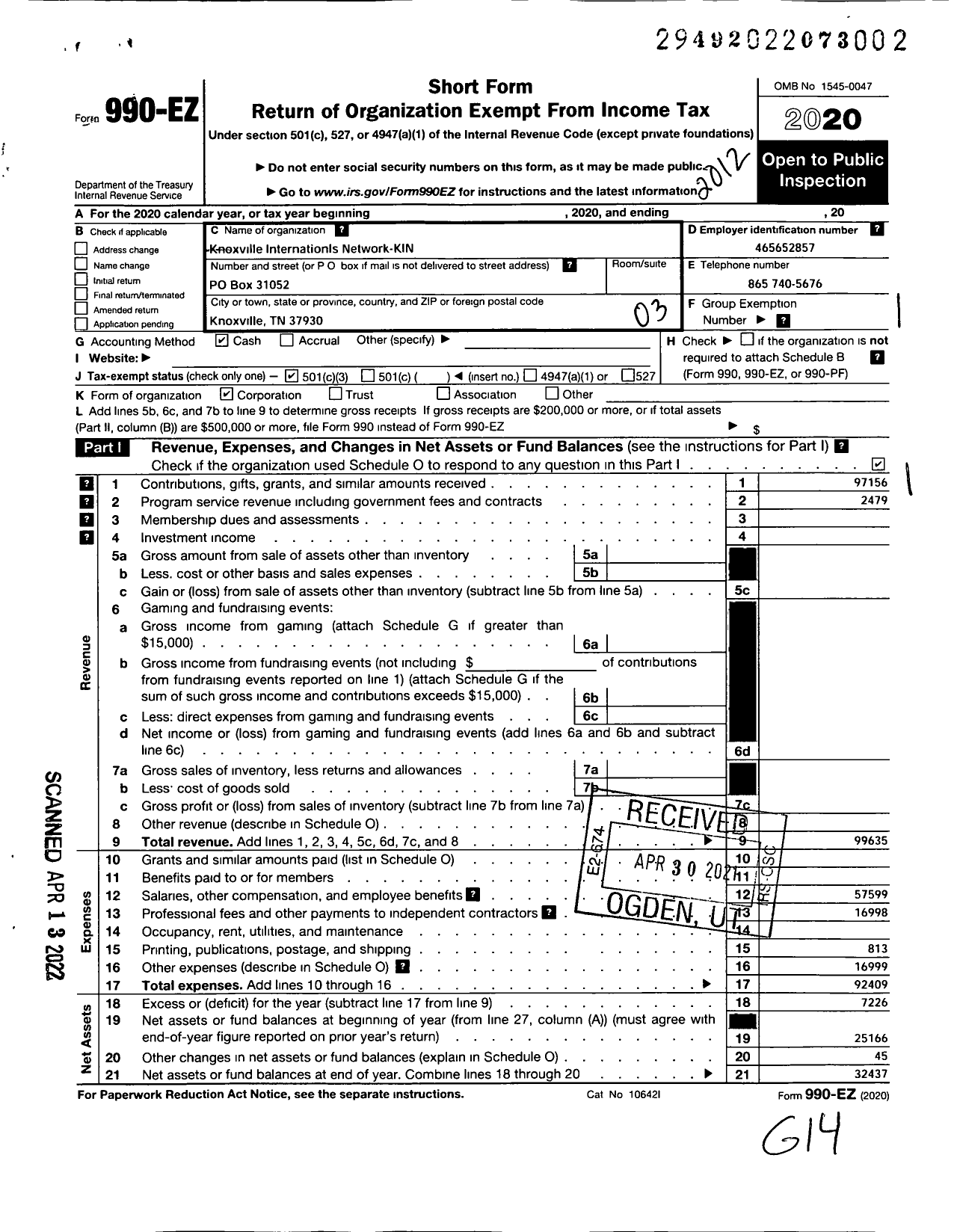 Image of first page of 2020 Form 990EZ for Knoxville Internationals Network (KIN)