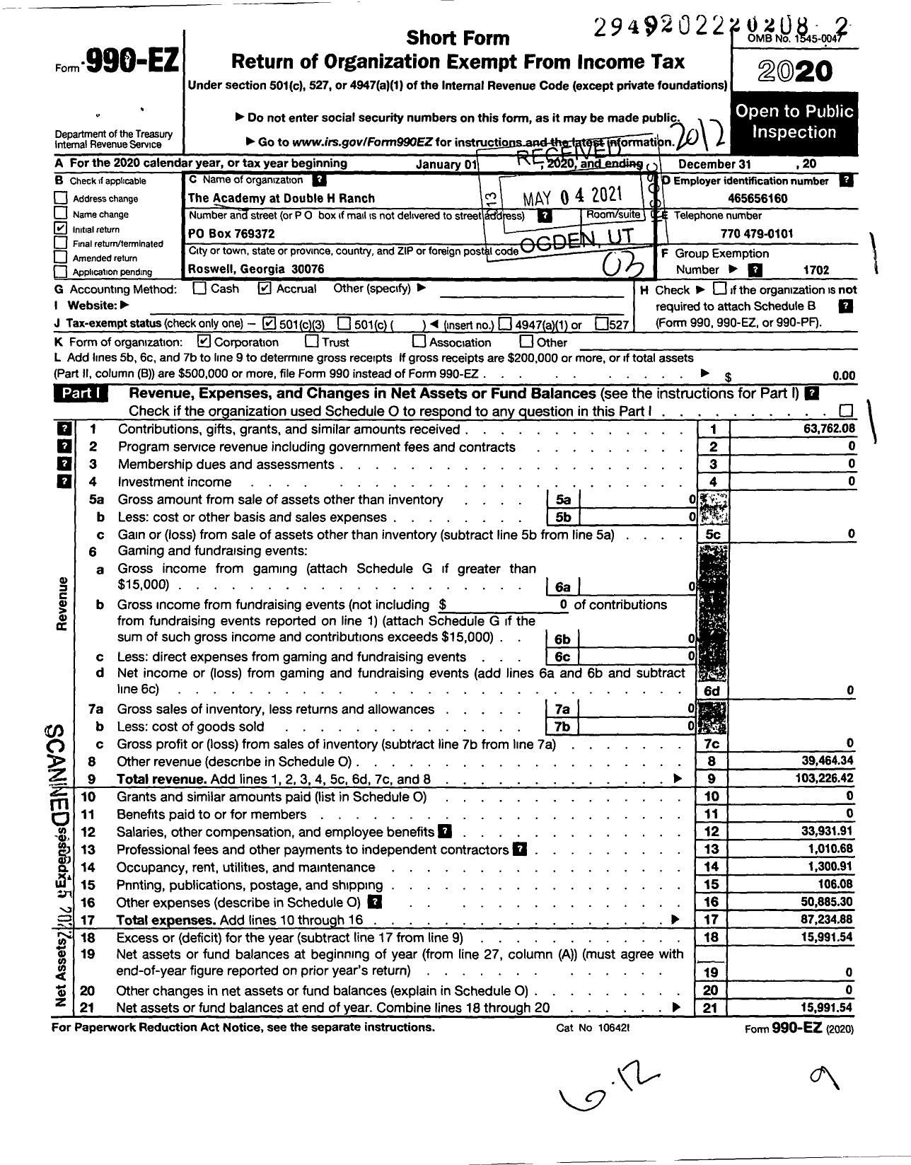 Image of first page of 2020 Form 990EZ for The Academy at Double H Ranch